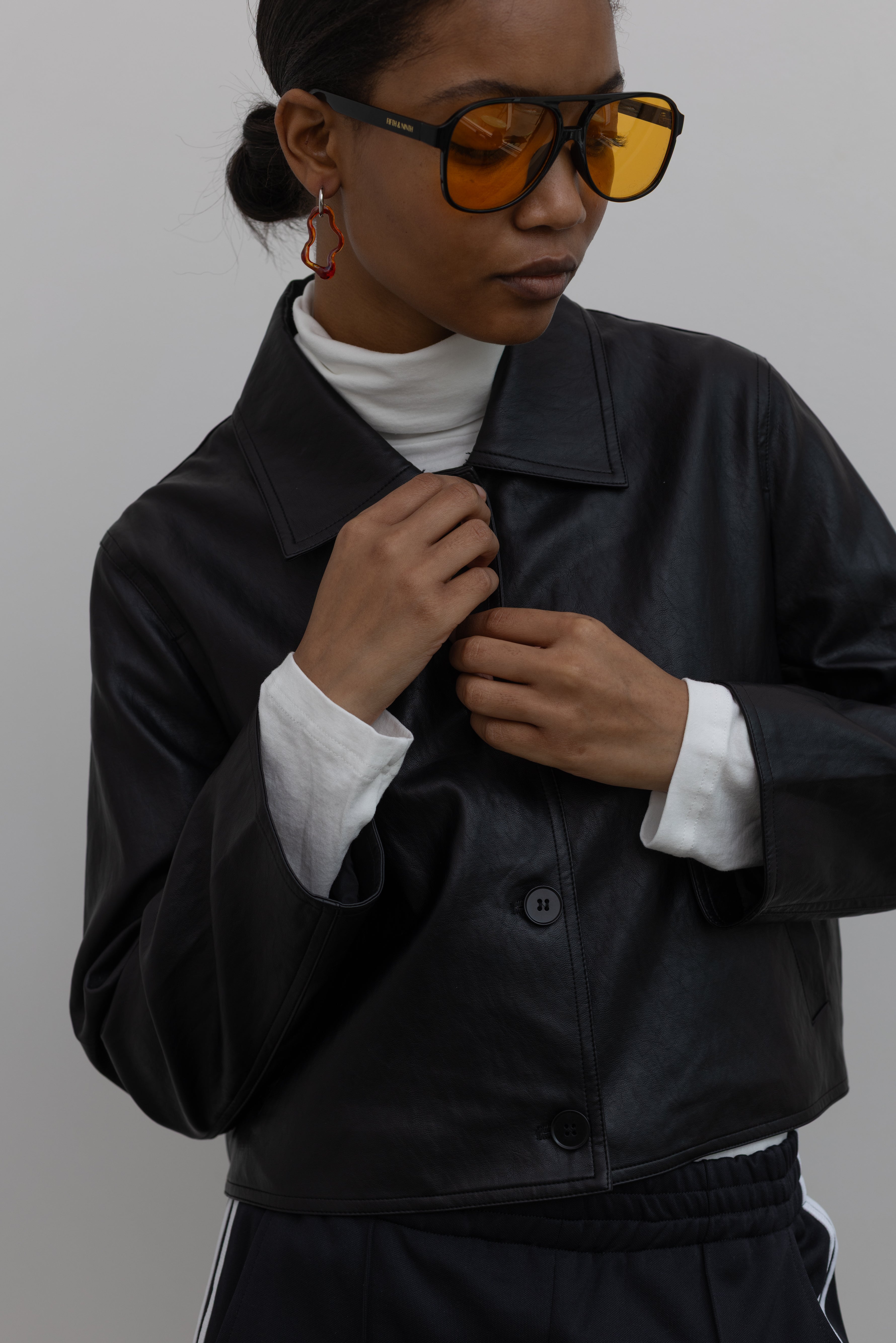 Black Cropped Vegan Leather Collared Jacket