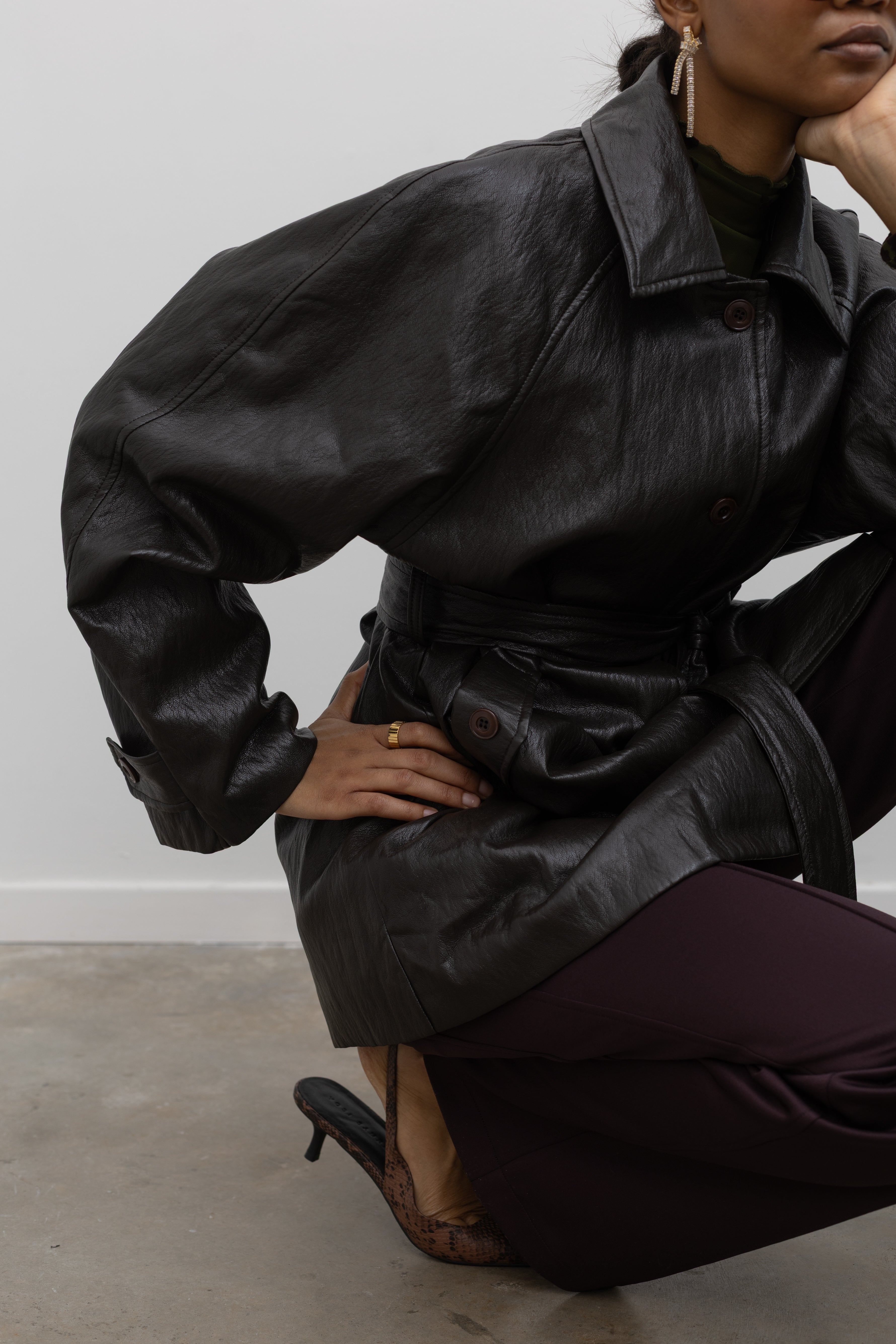 Dark Brown Long Belted Vegan Leather Jacket