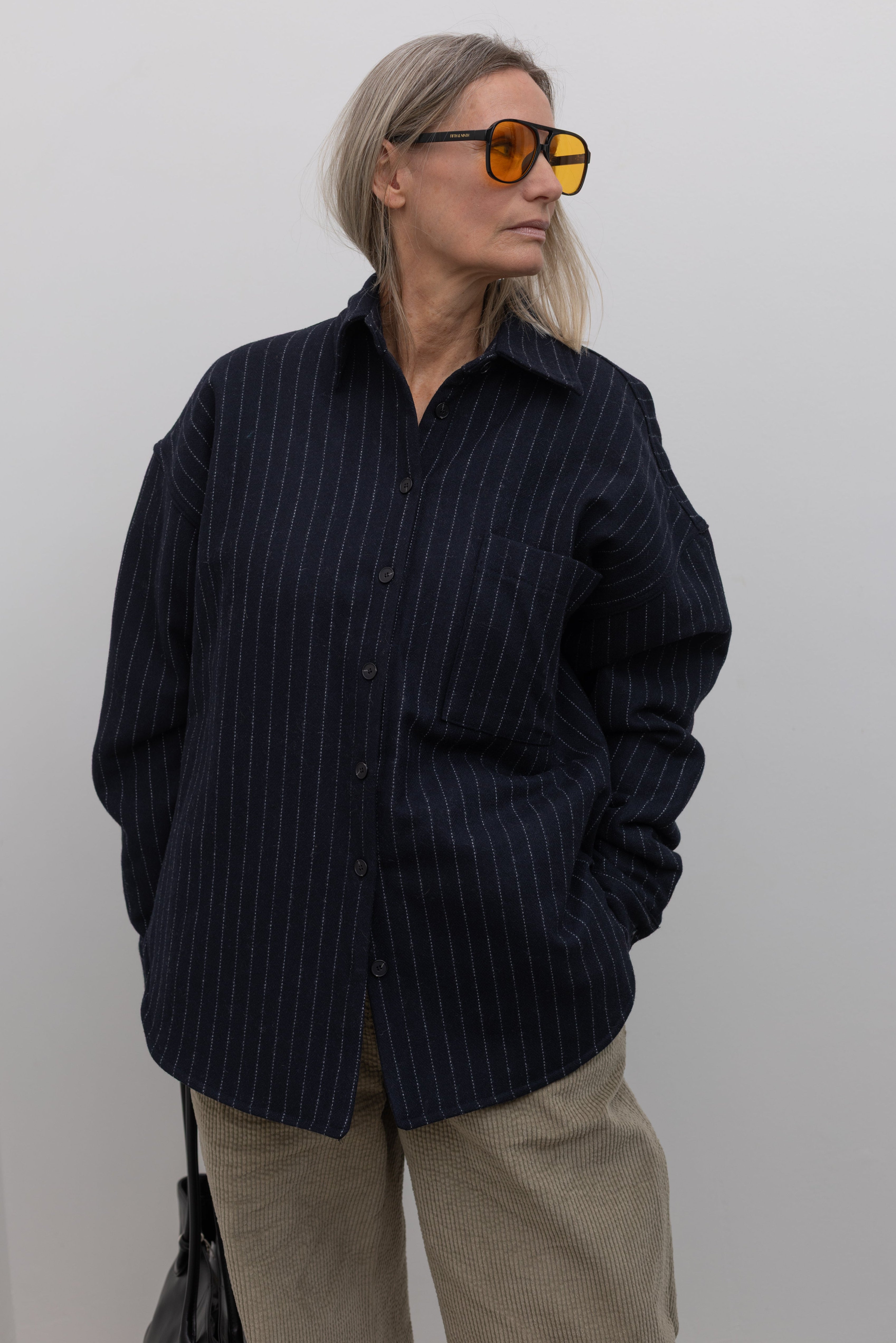 Navy Wool Stripe Quilted Oversized Jacket