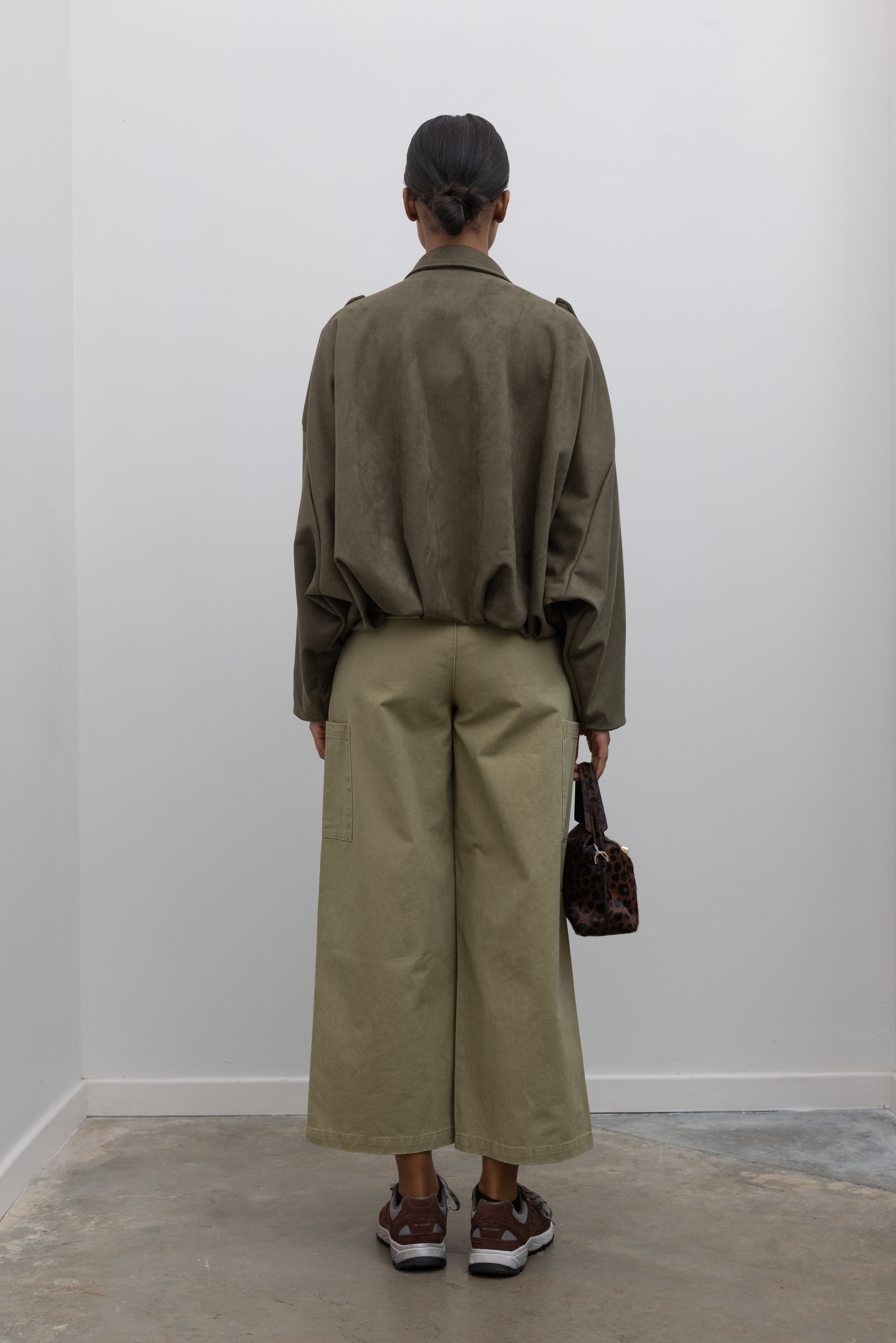 Olive Green Suede Rounded Bomber Jacket