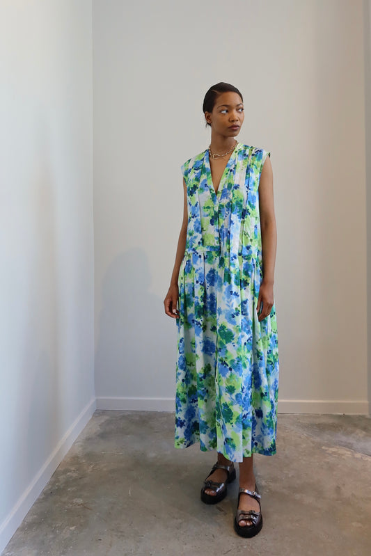 Green And Blue Marigold Silk Print Midi Dress
