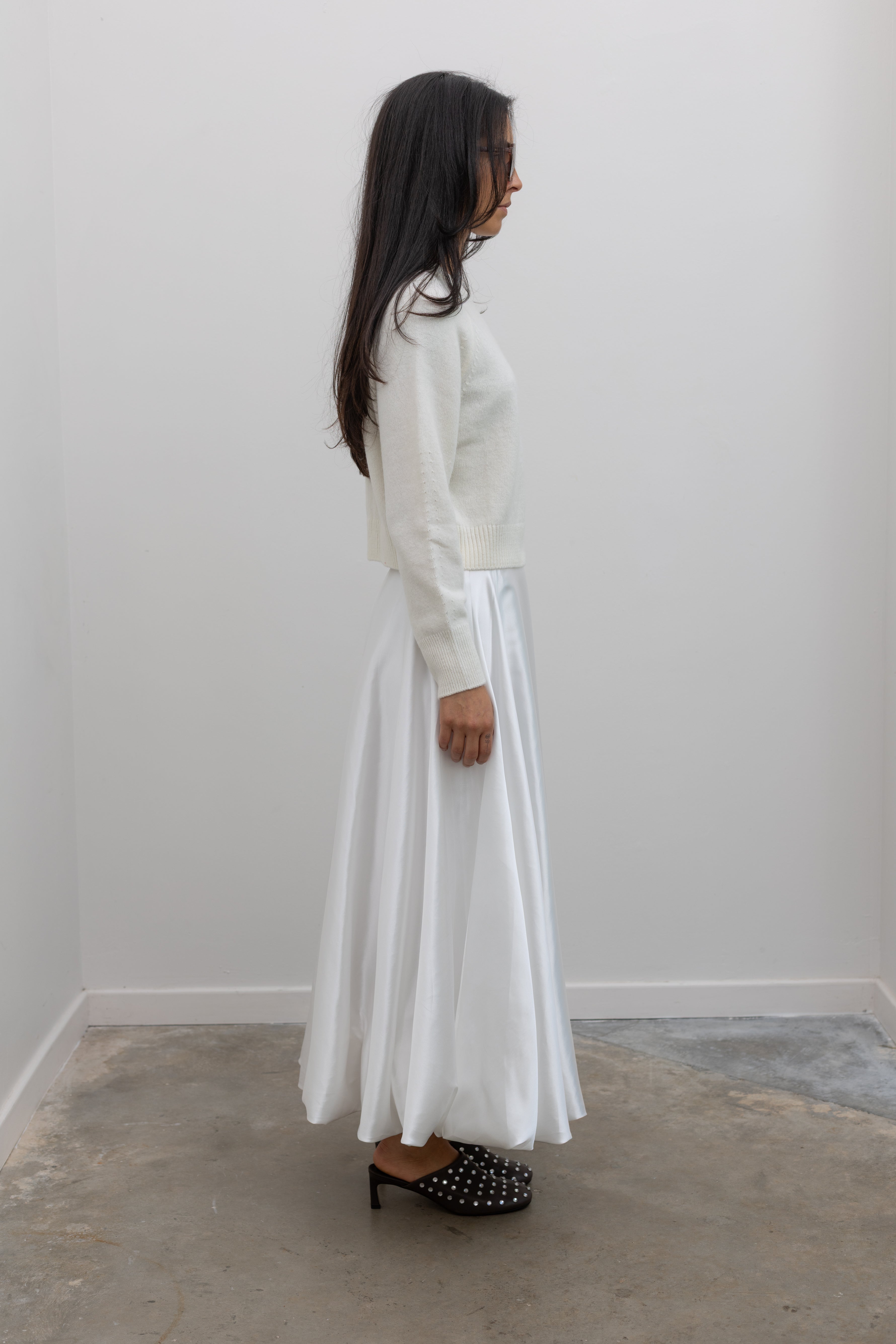 White Satin Full Round Bubble Hem Midi Skirt