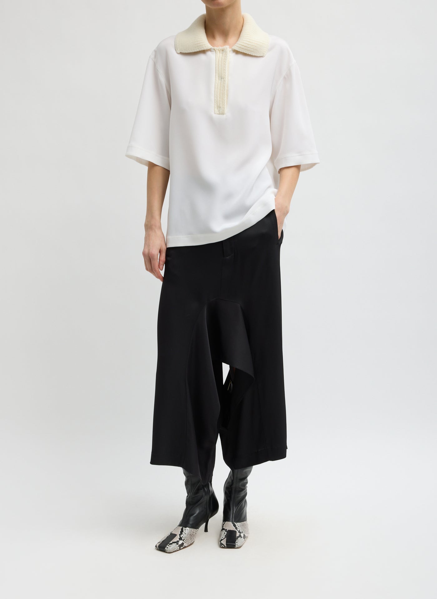 Ivory Stretch Silk Nylon Knit Collar Cocoon Top