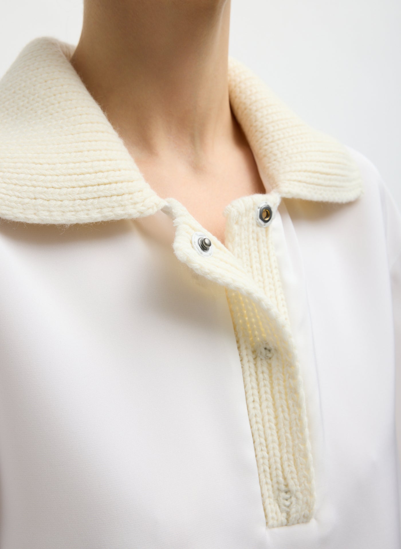 Ivory Stretch Silk Nylon Knit Collar Cocoon Top