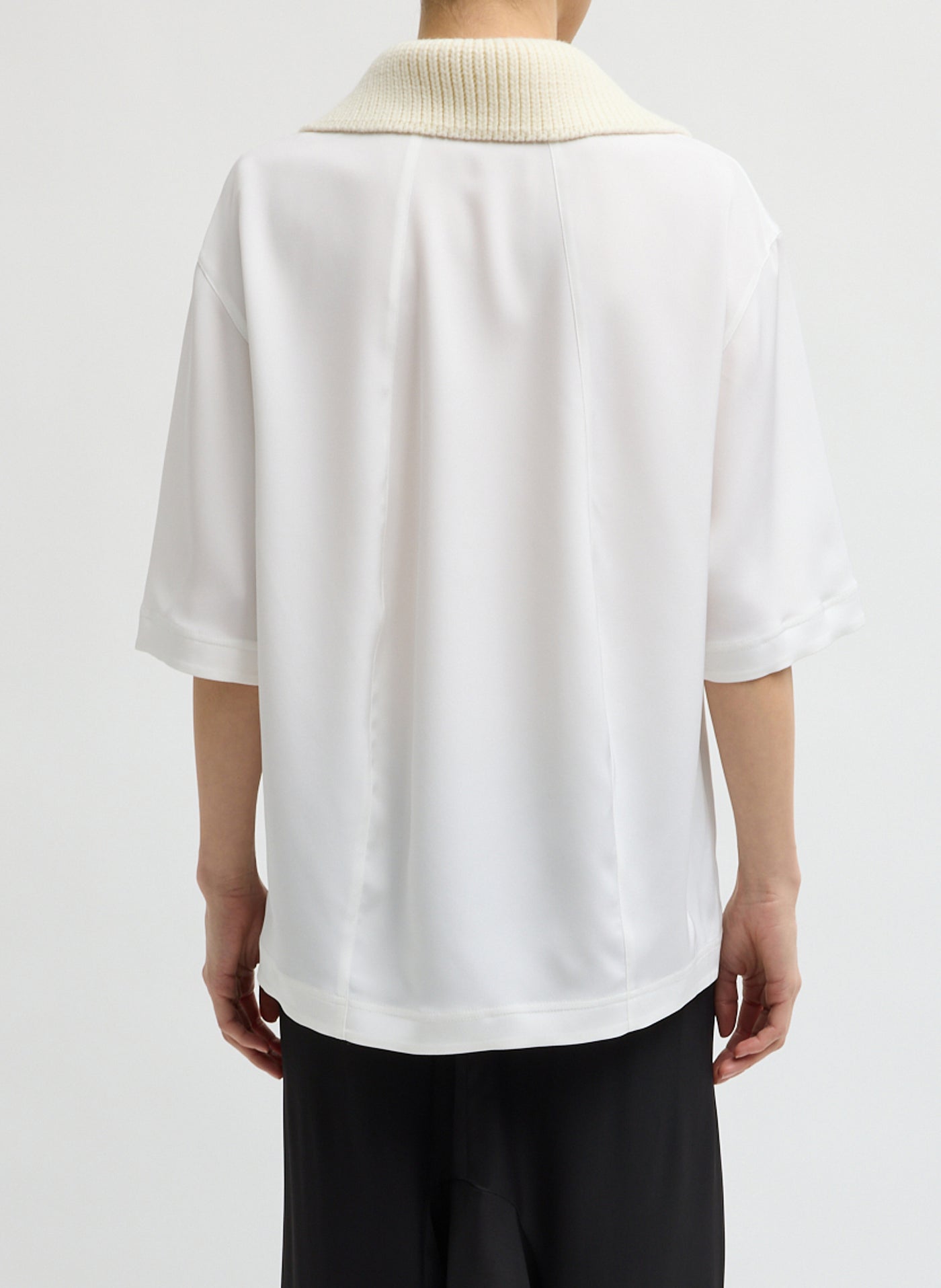 Ivory Stretch Silk Nylon Knit Collar Cocoon Top