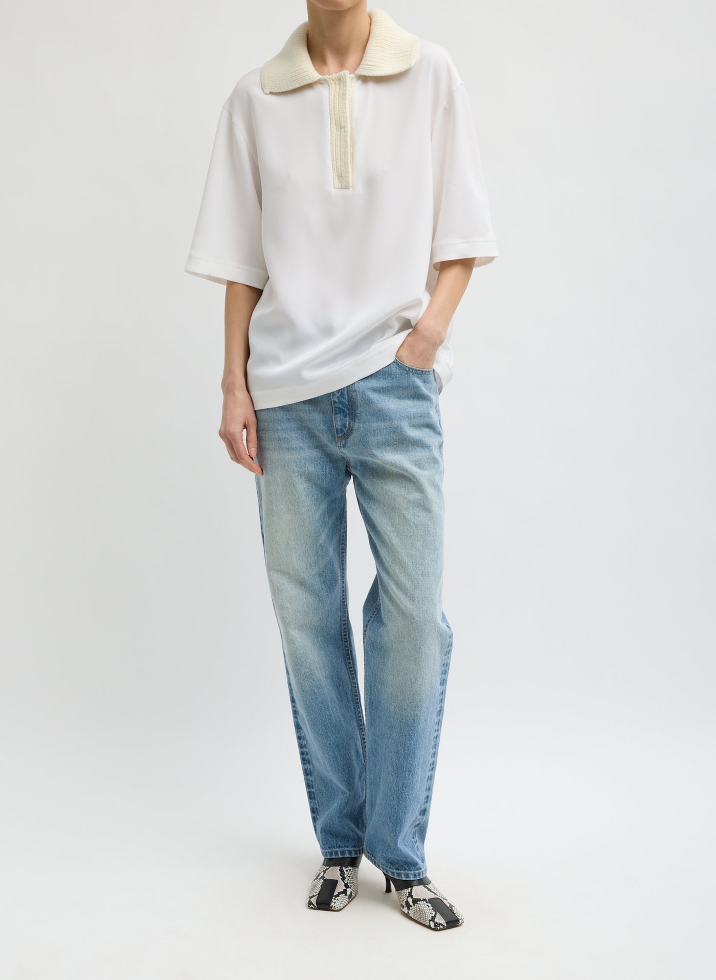 Ivory Stretch Silk Nylon Knit Collar Cocoon Top