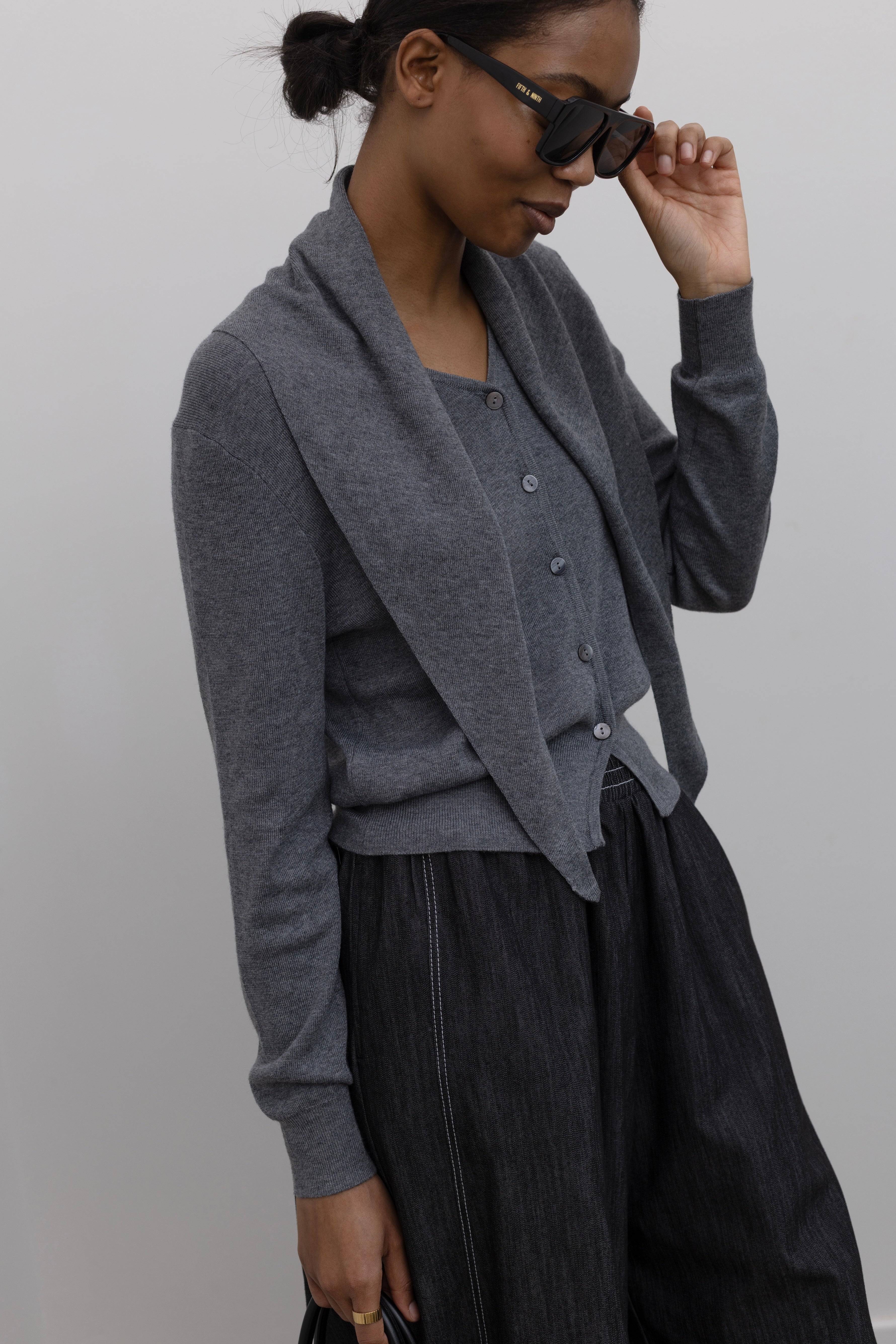 Grey V-Neck Cardigan with Detachable Shawl