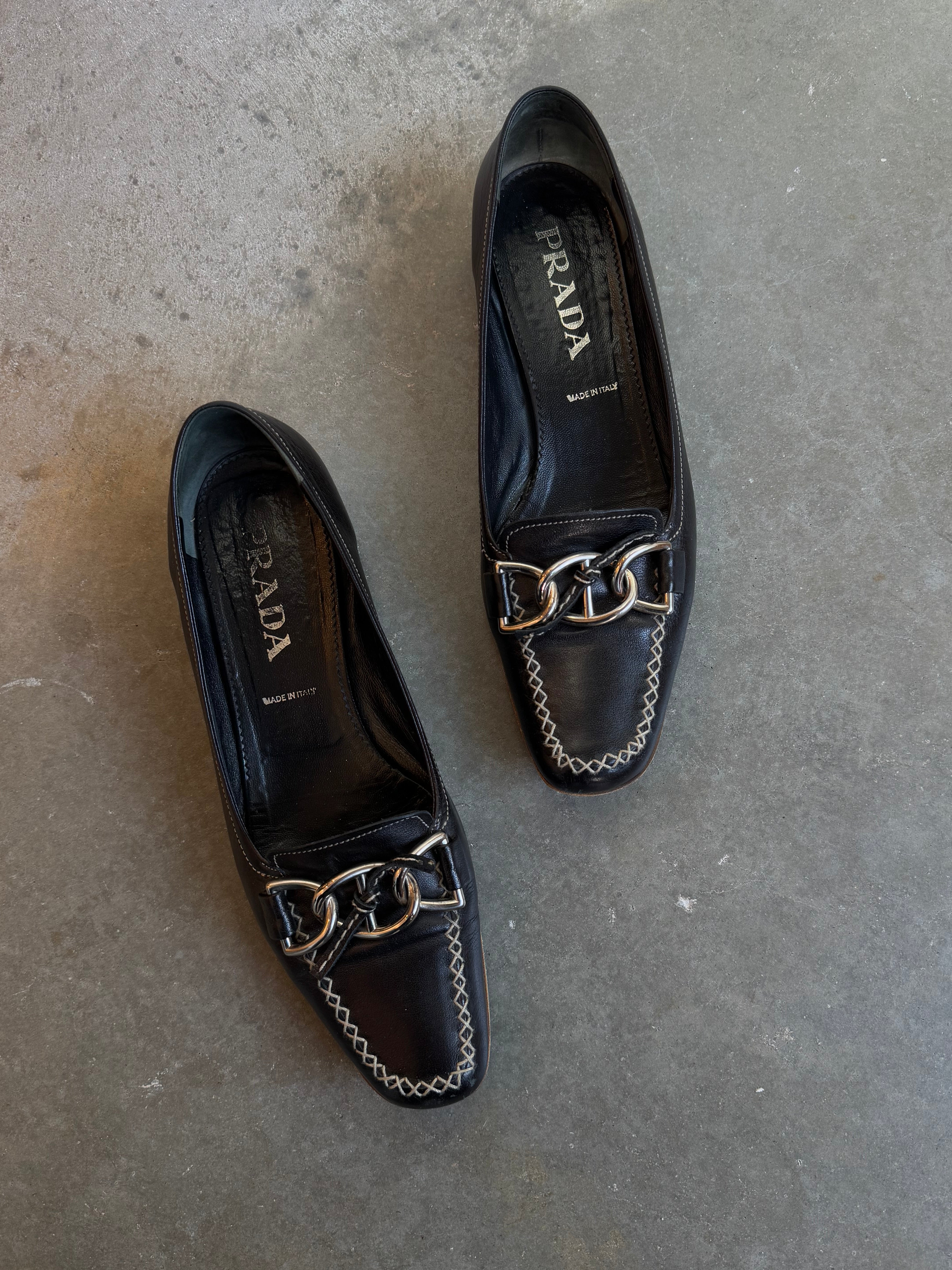 Prada Contrast Stitch Leather Buckled Flats