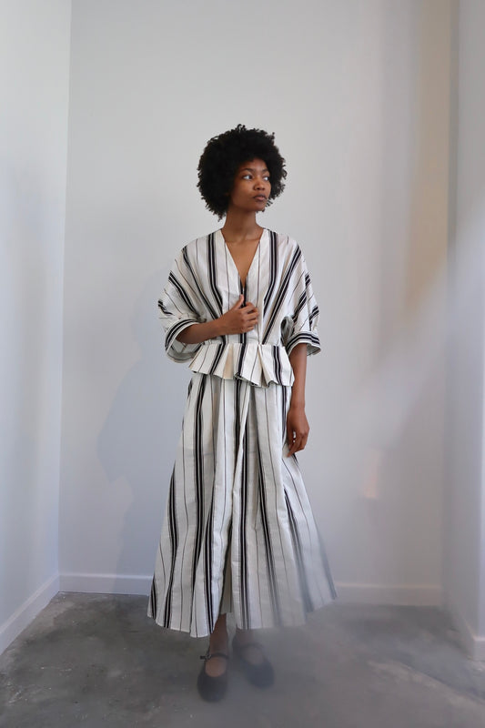 Black And Cream Stripe Peplum Cotton Midi Dress
