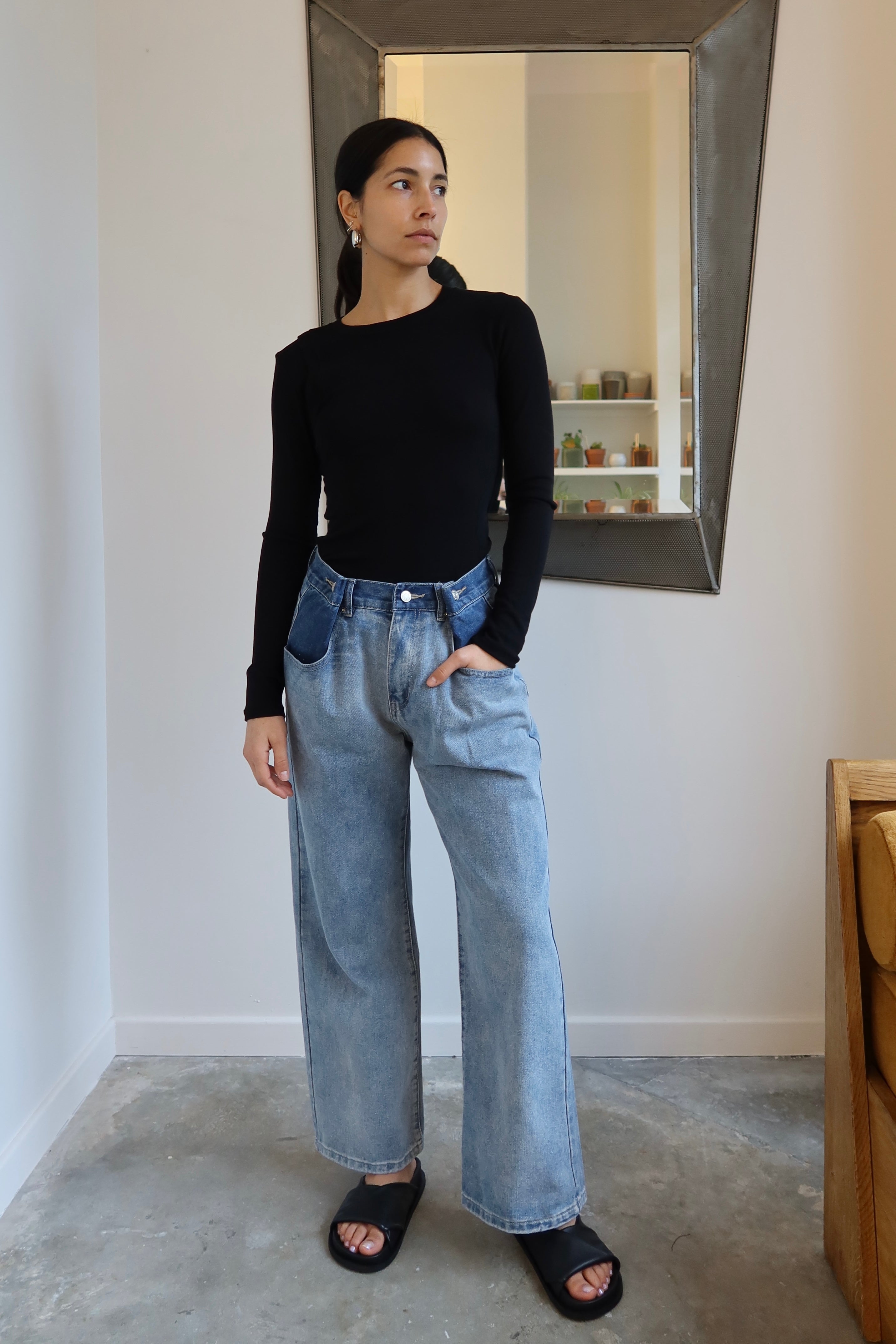 Medium Wash Color Block Button Waist Denim Pants