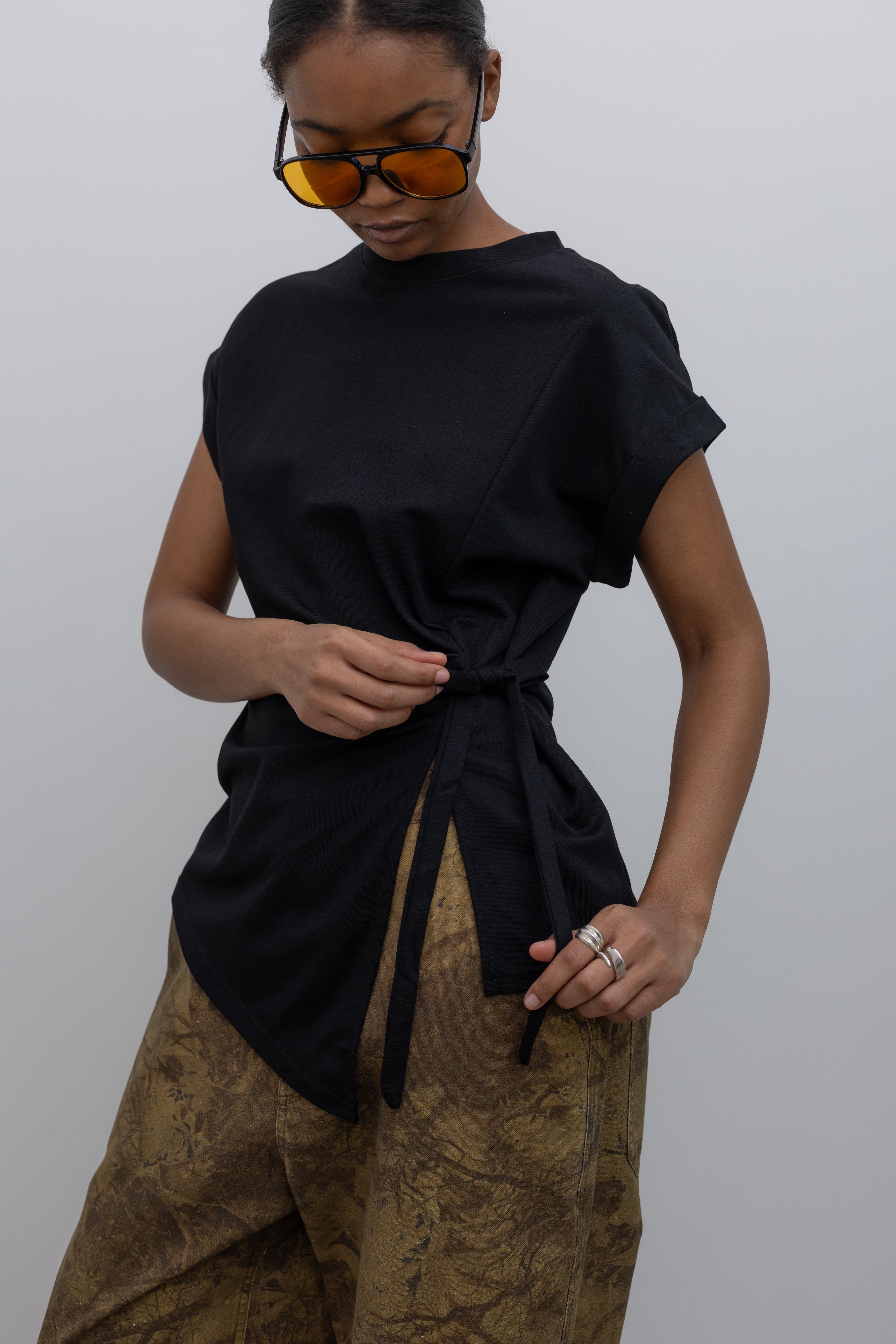 Black Drop Shoulder Ribbon Tie Top