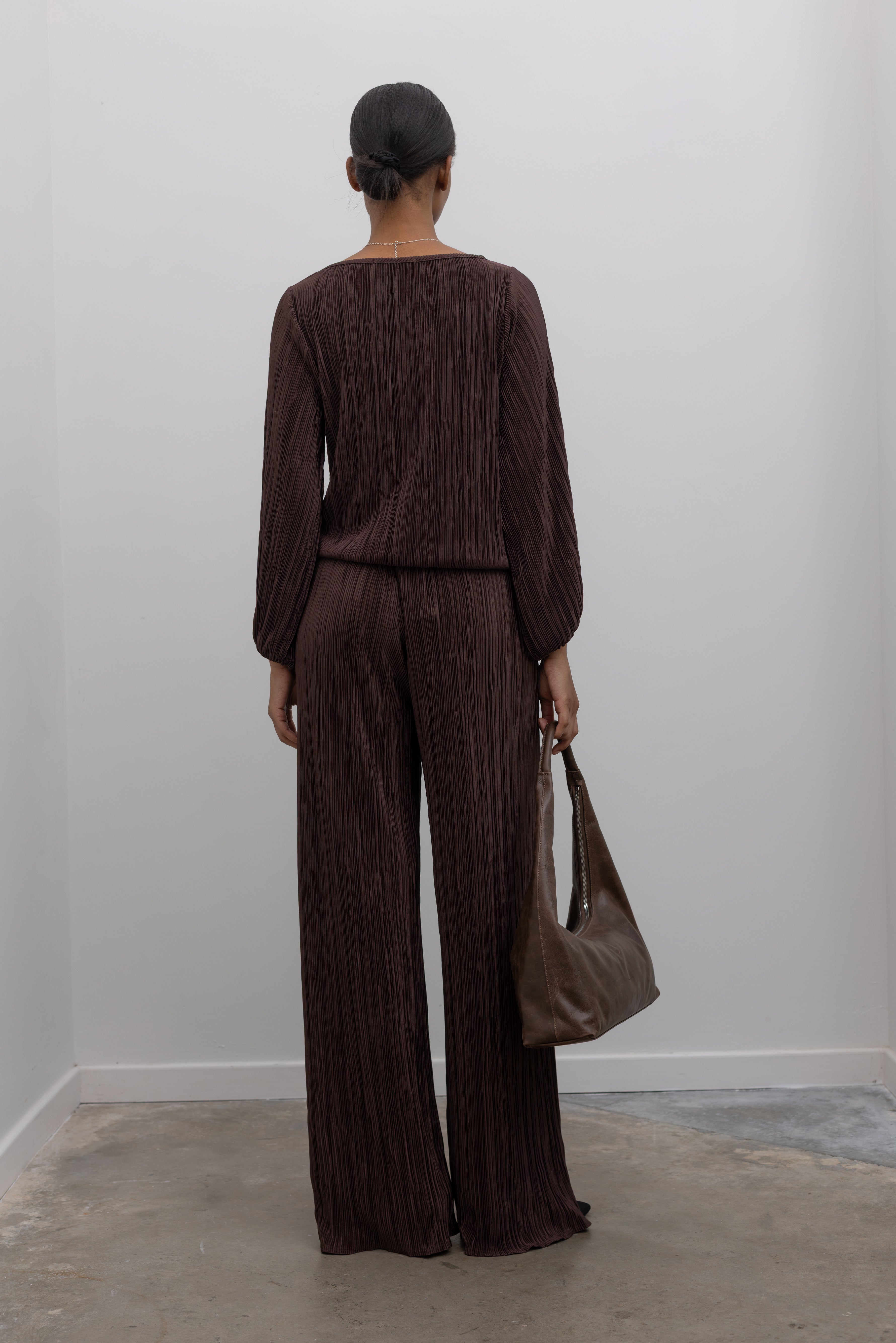 Brown Plisse Lined Straight Leg Pants