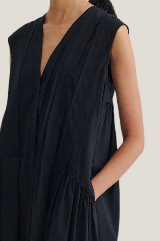 Black Pleated V-Neck Midi Dress