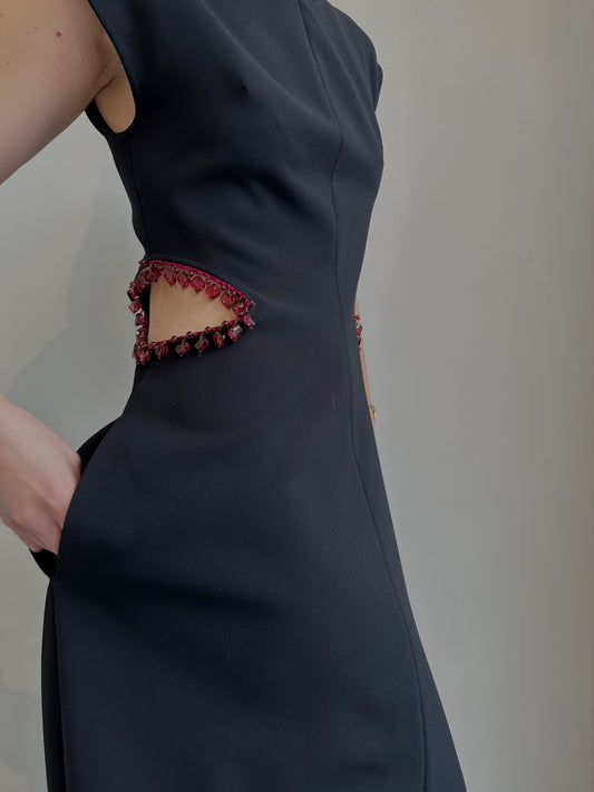 Jeweled Cut Out Black Midi Dress