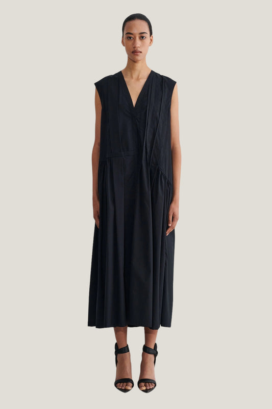 Black Pleated V-Neck Midi Dress