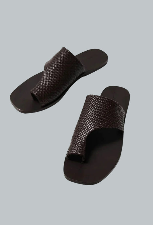 Brown Woven Abstract Slide Sandals