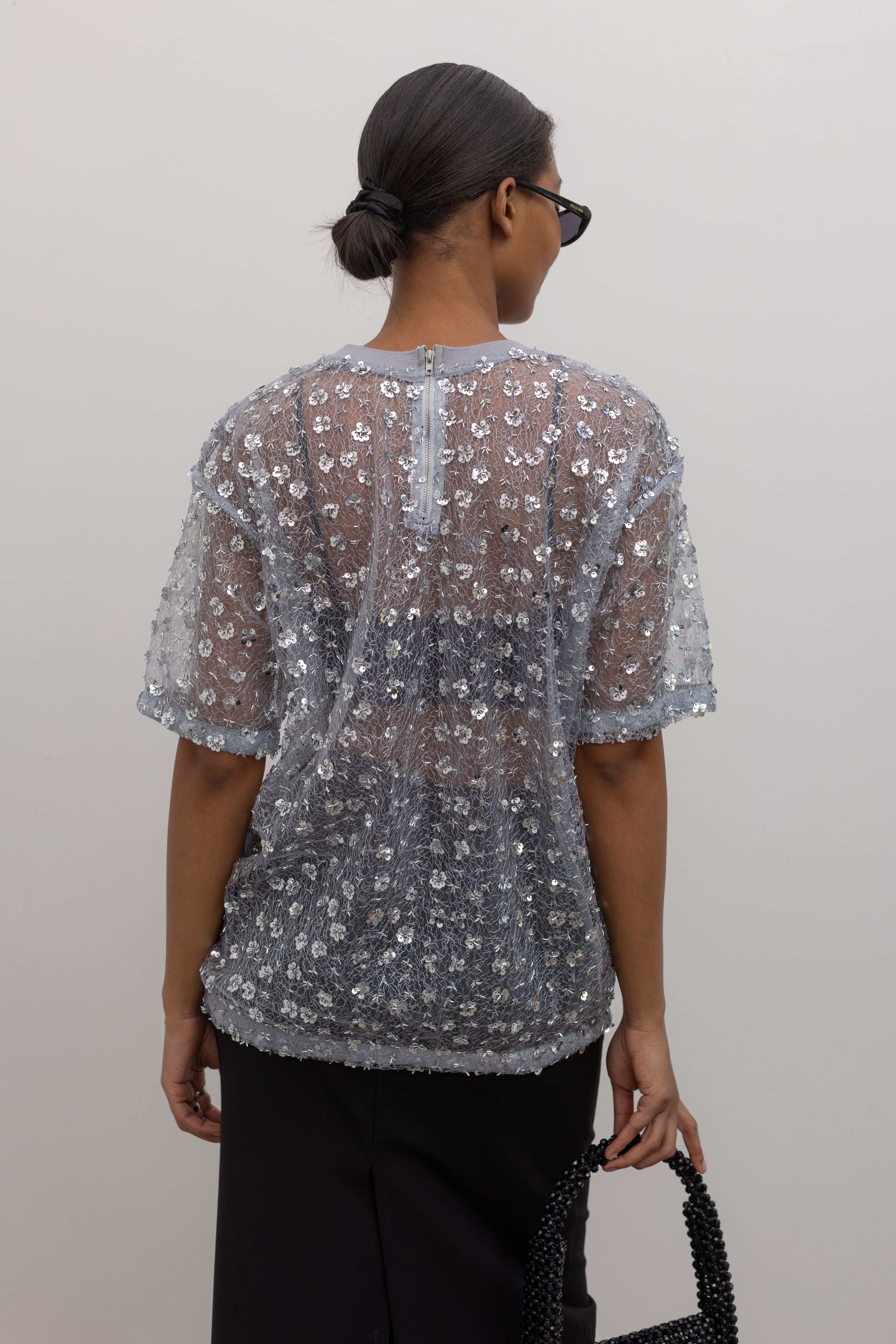 Slate Short Sleeve Floral Sequin Top