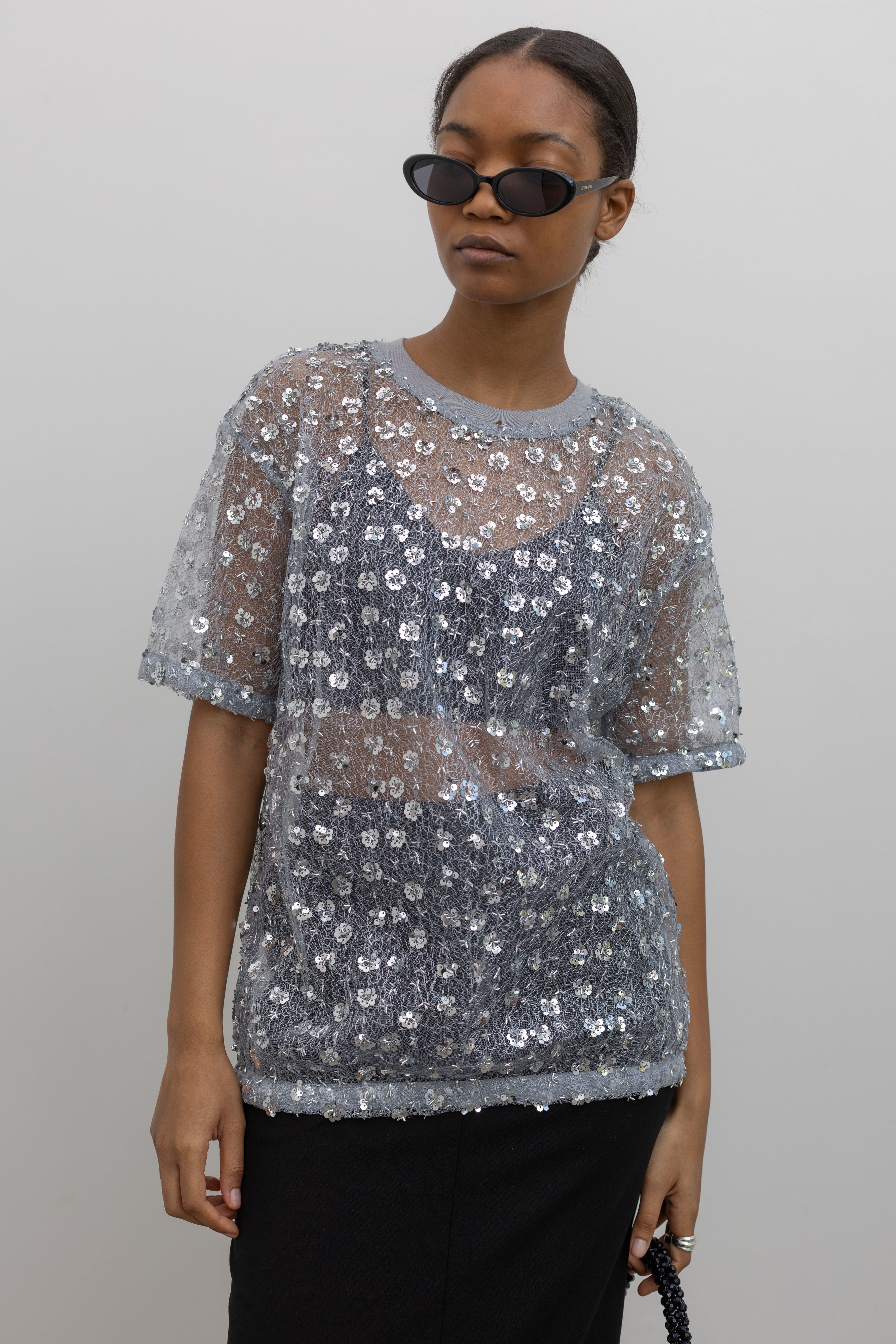 Slate Short Sleeve Floral Sequin Top