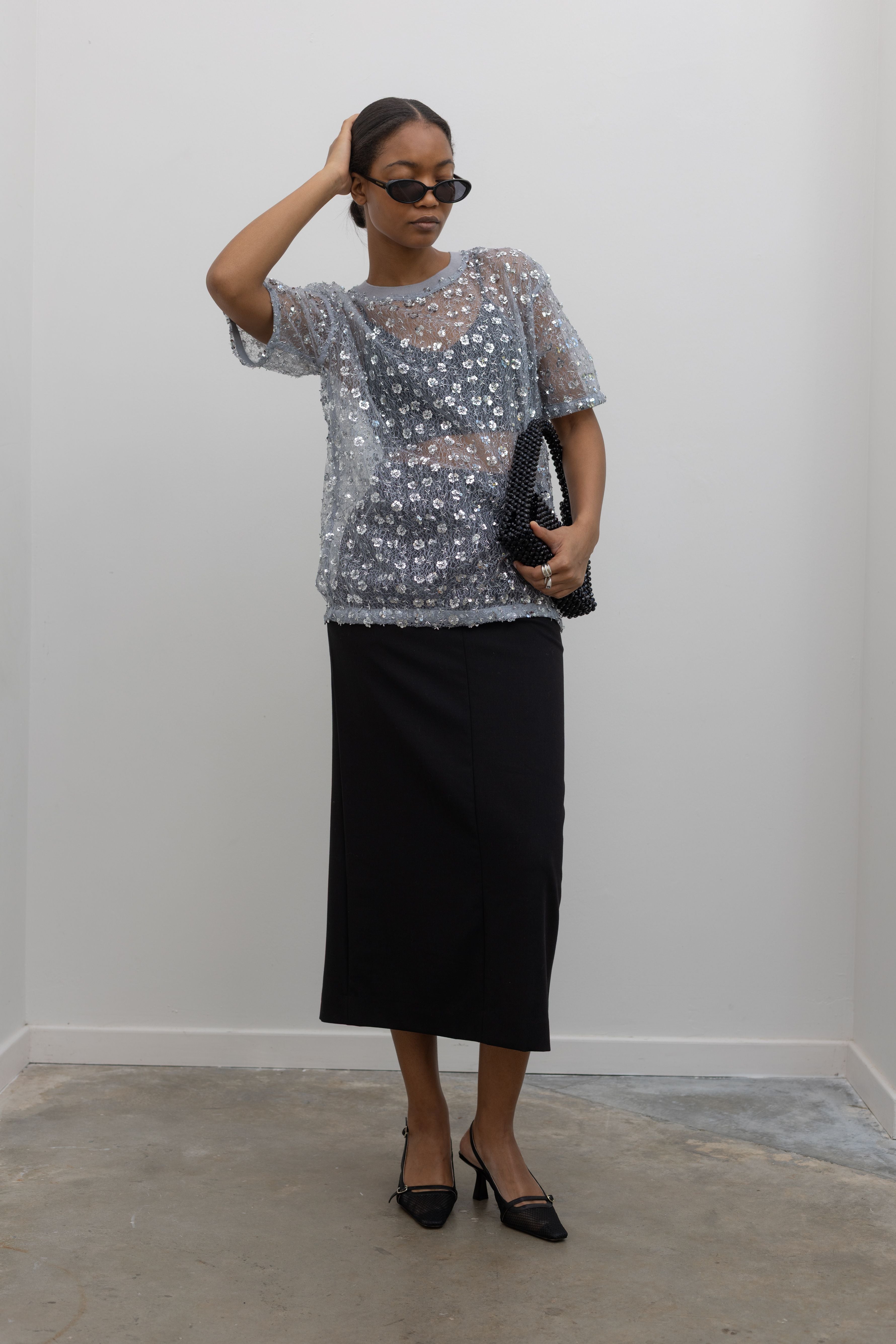 Slate Short Sleeve Floral Sequin Top