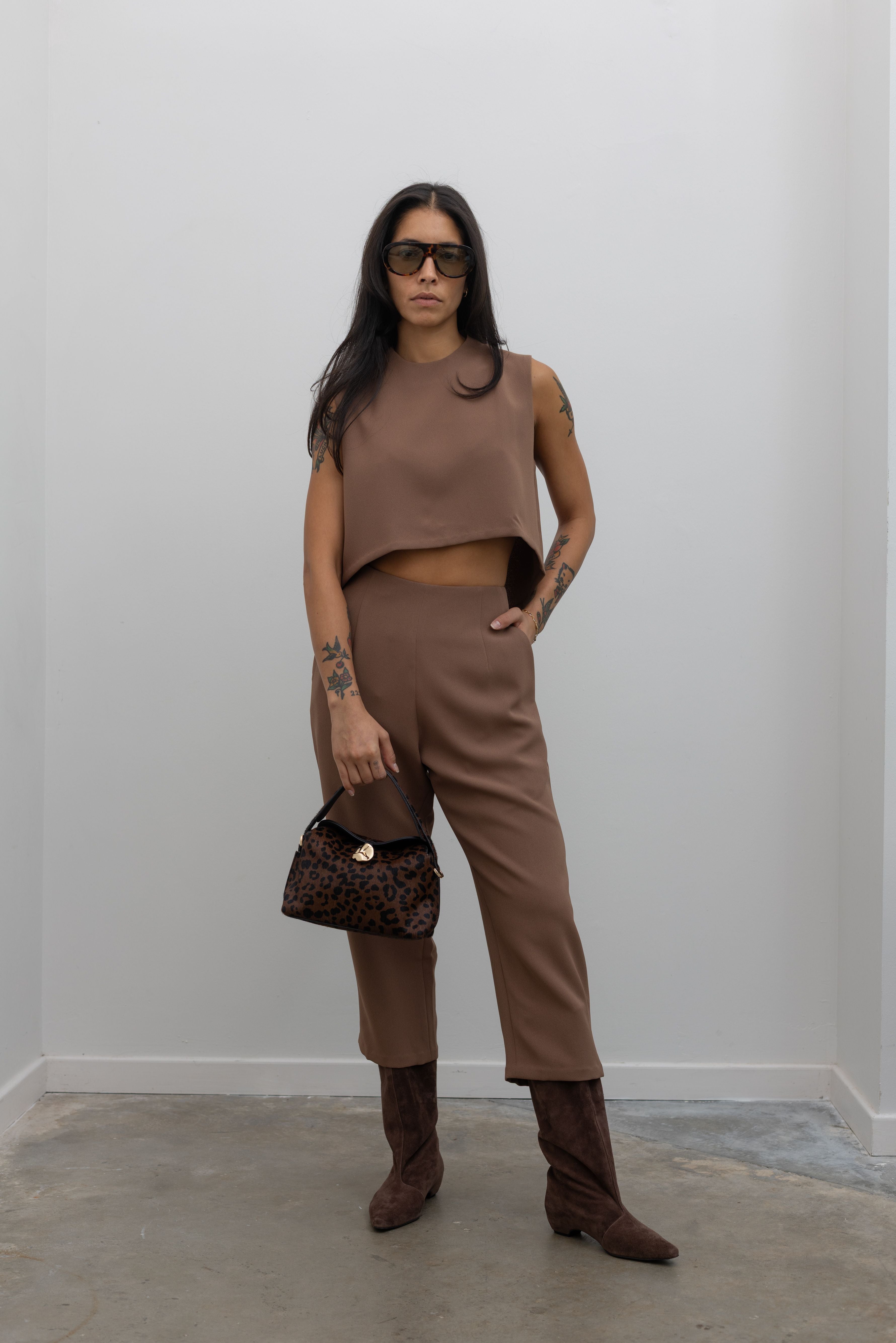 Cacao Brown Raised Collar Wind Chime Cropped Top