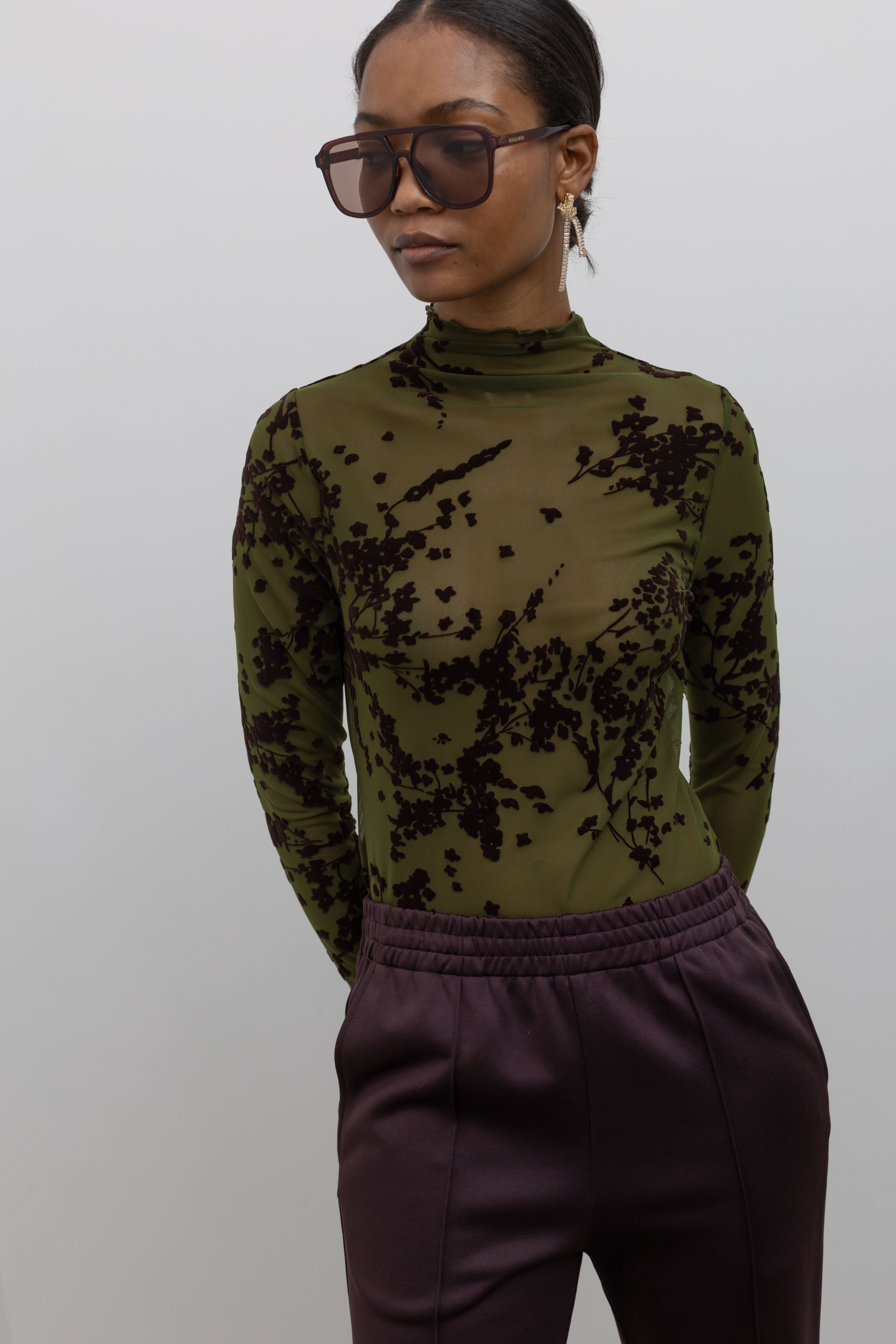 Green Floral Mesh High Neck Long Sleeve Top