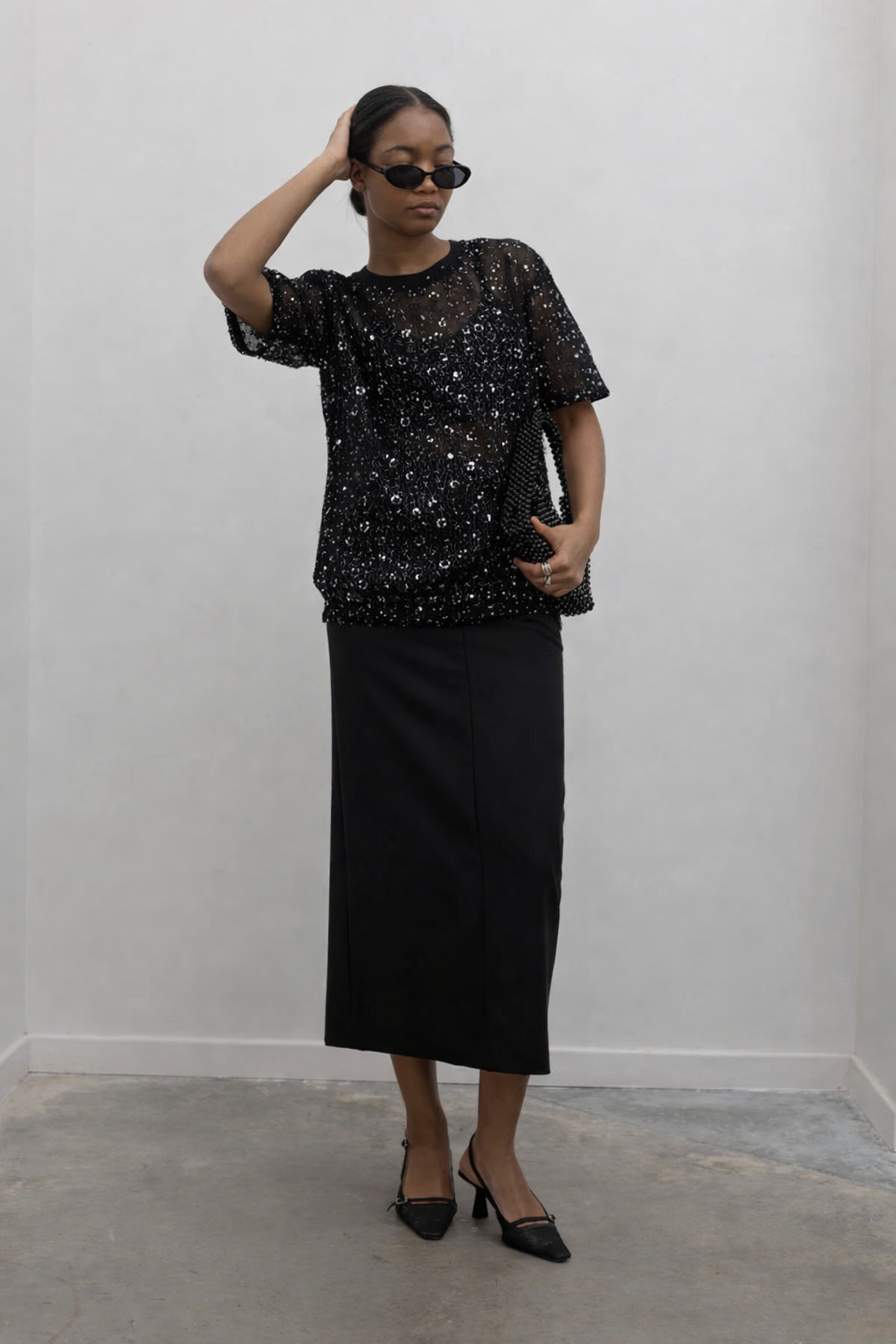 Black Mesh Short Sleeve Floral Sequin Top
