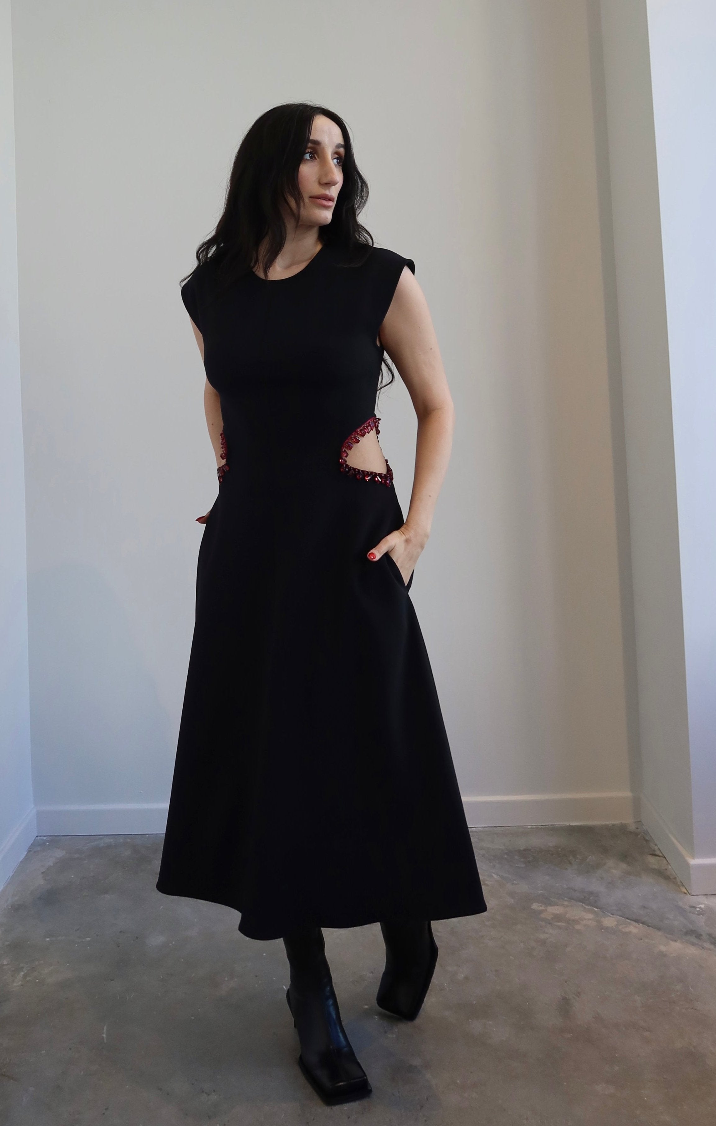 Jeweled Cut Out Black Midi Dress