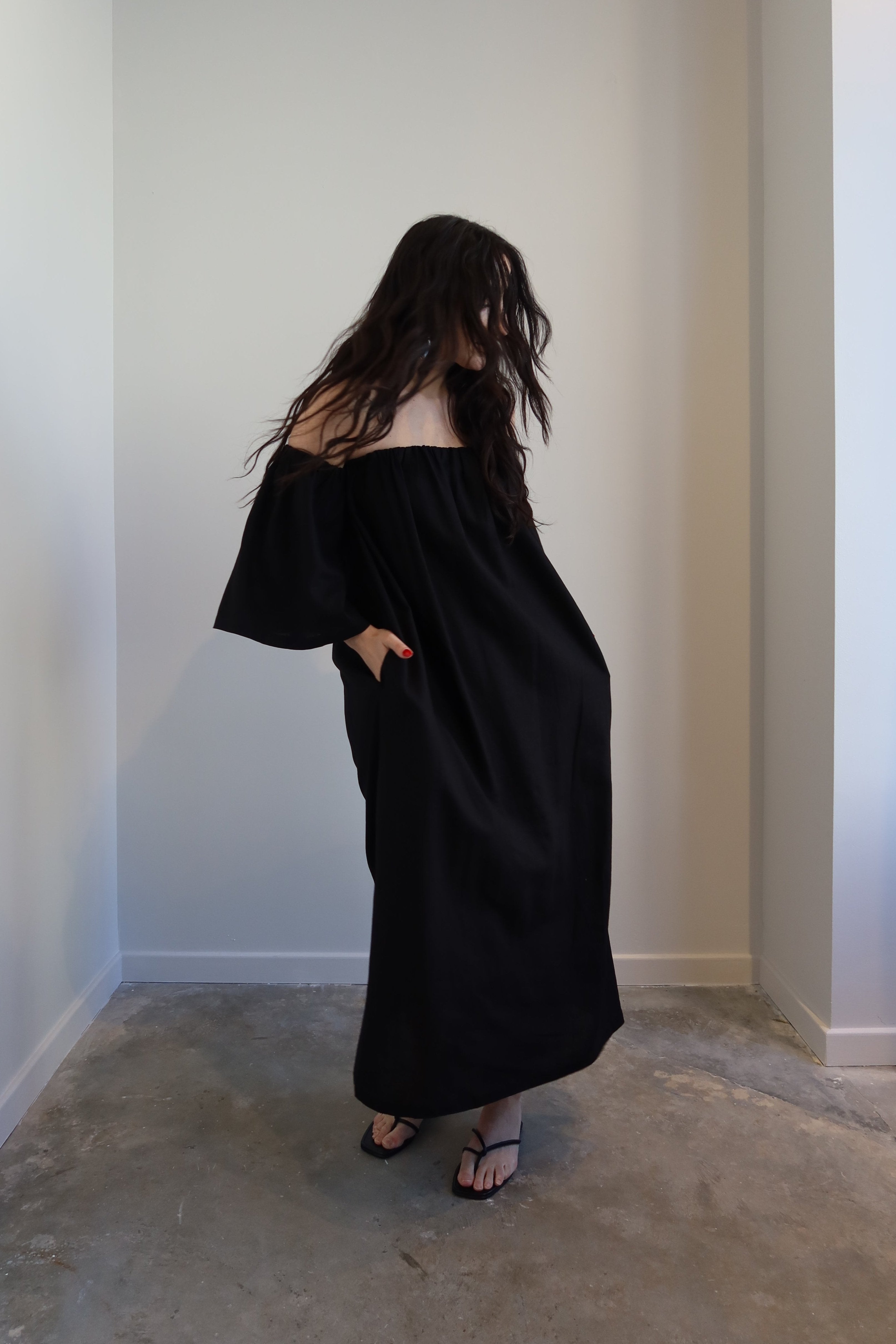 Black Linen Off The Shoulder Midi Dress