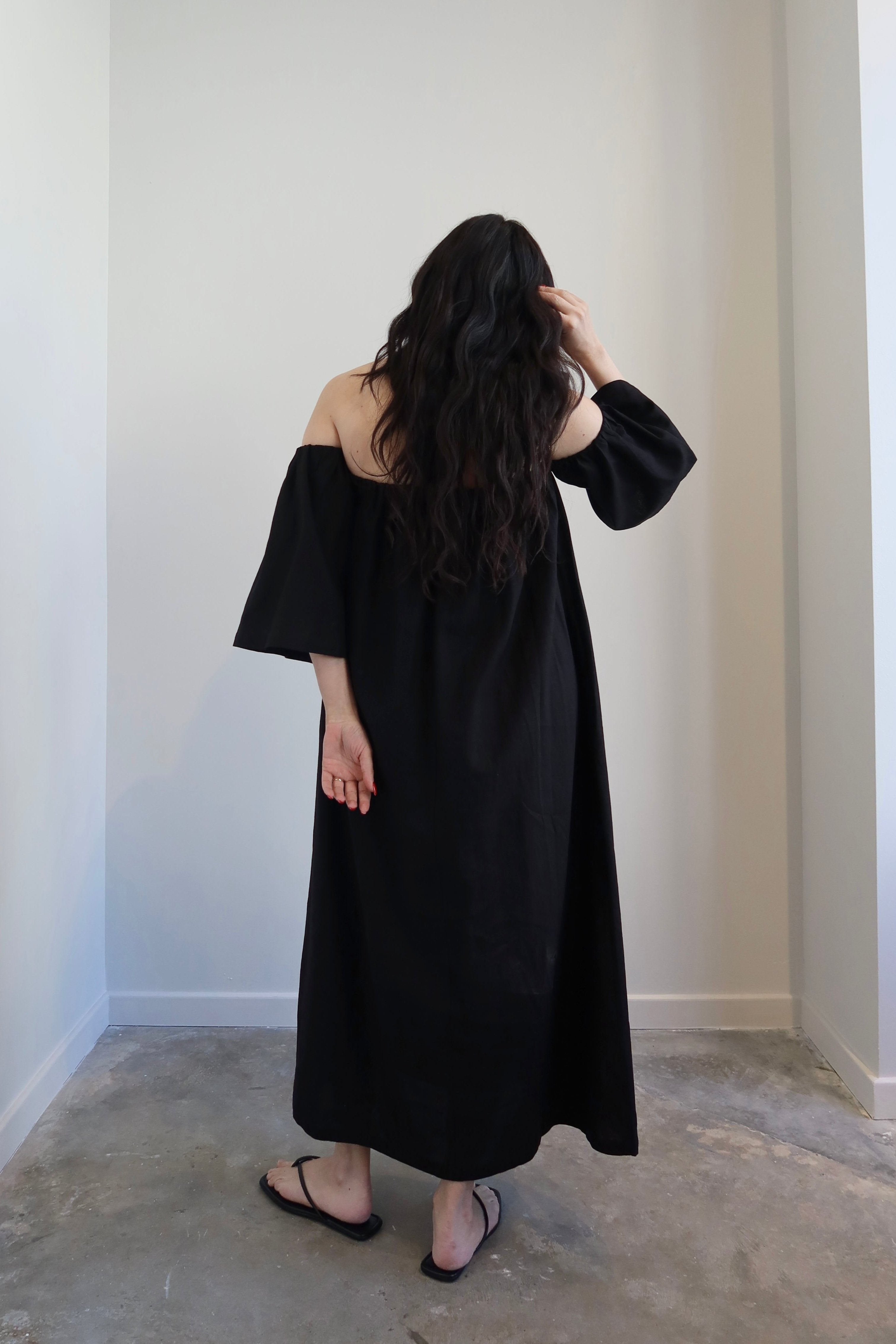 Black Linen Off The Shoulder Midi Dress