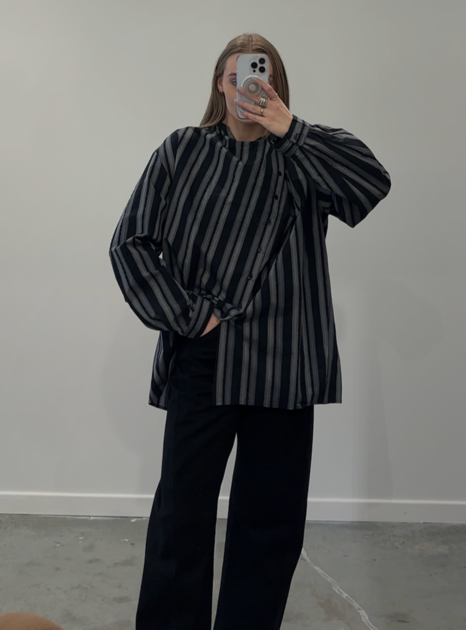 Black Striped Asymmetrical Button Down Blouse