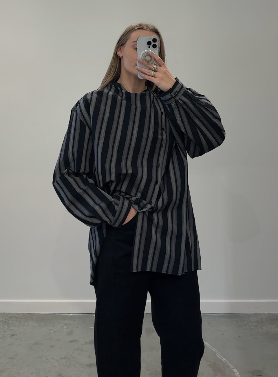 Black Striped Asymmetrical Button Down Blouse