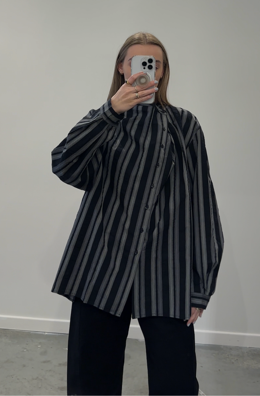 Black Striped Asymmetrical Button Down Blouse