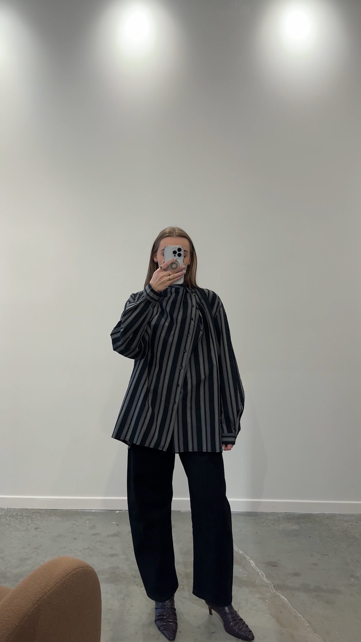 Black Striped Asymmetrical Button Down Blouse