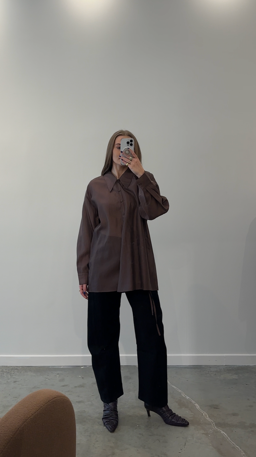 Brown Organza Side Button Blouse