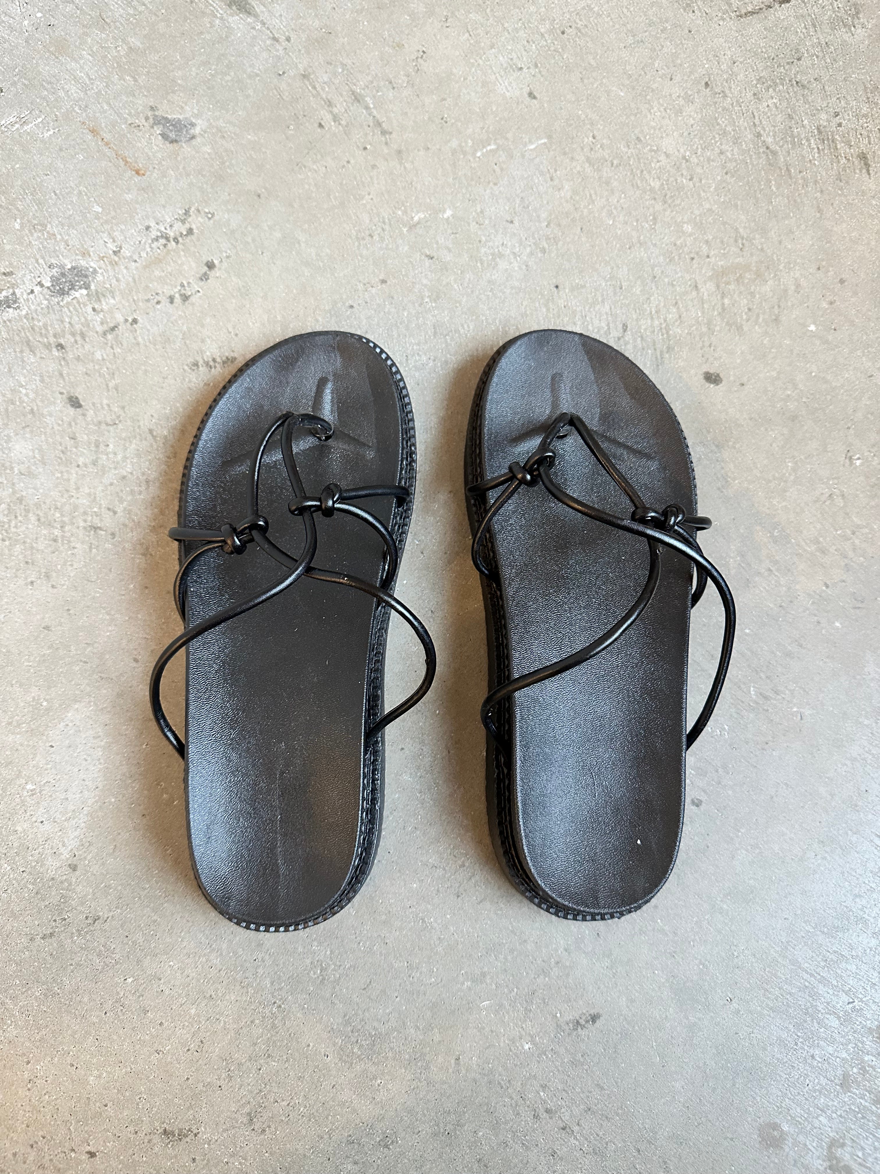 Black Leather Geometric Thong Sandals