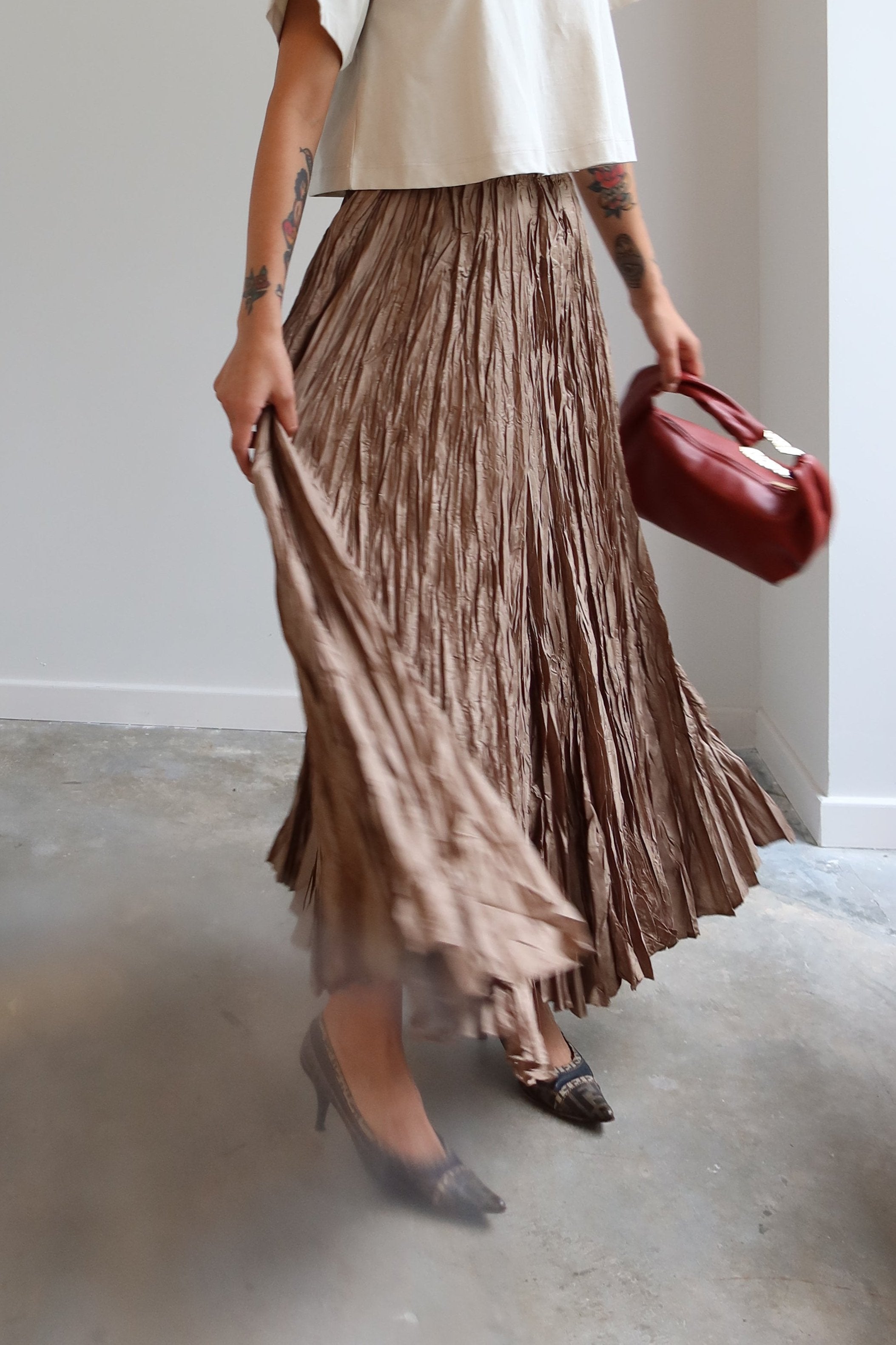 Khaki Crinkle Textured Maxi Skirt