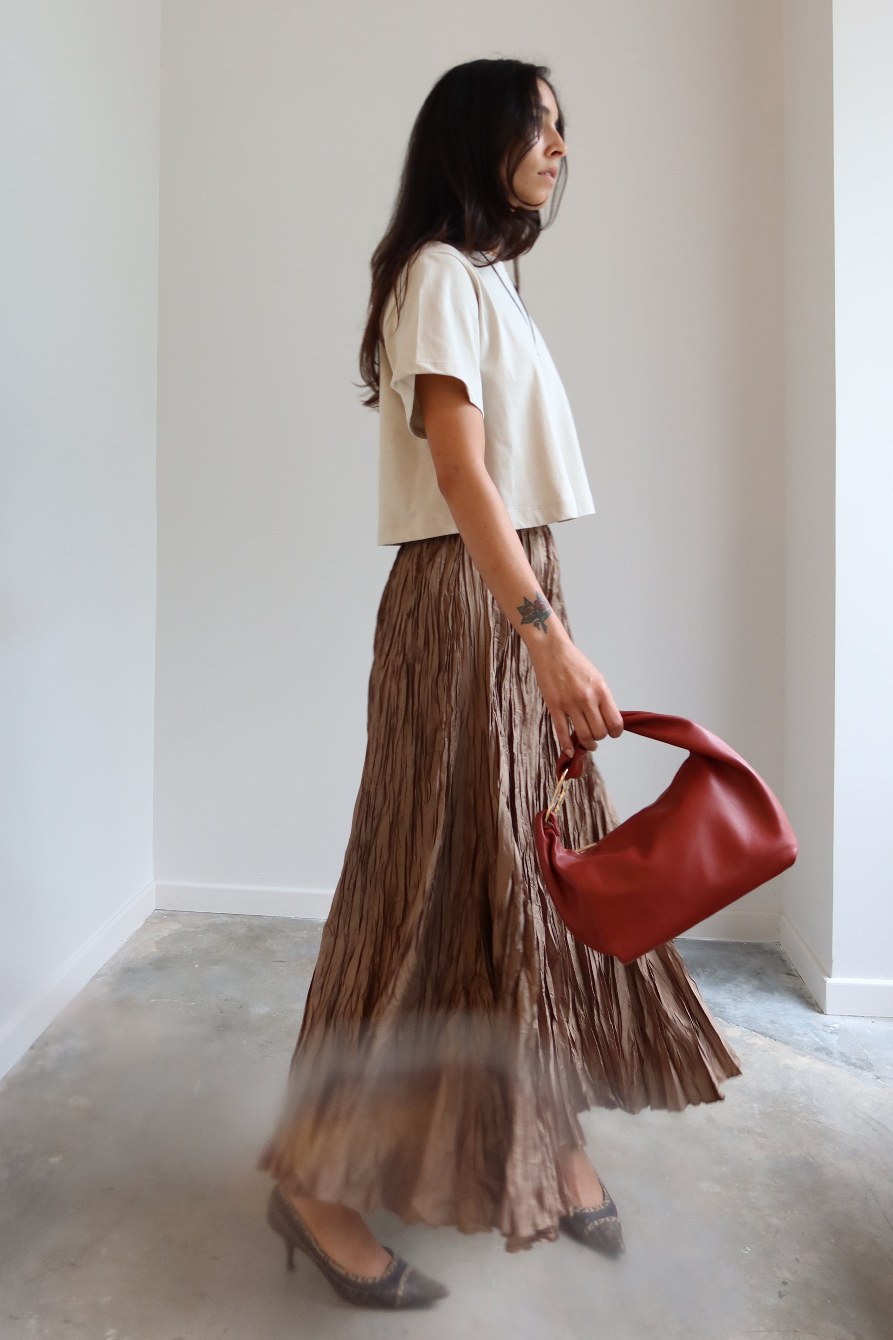 Khaki Crinkle Textured Maxi Skirt