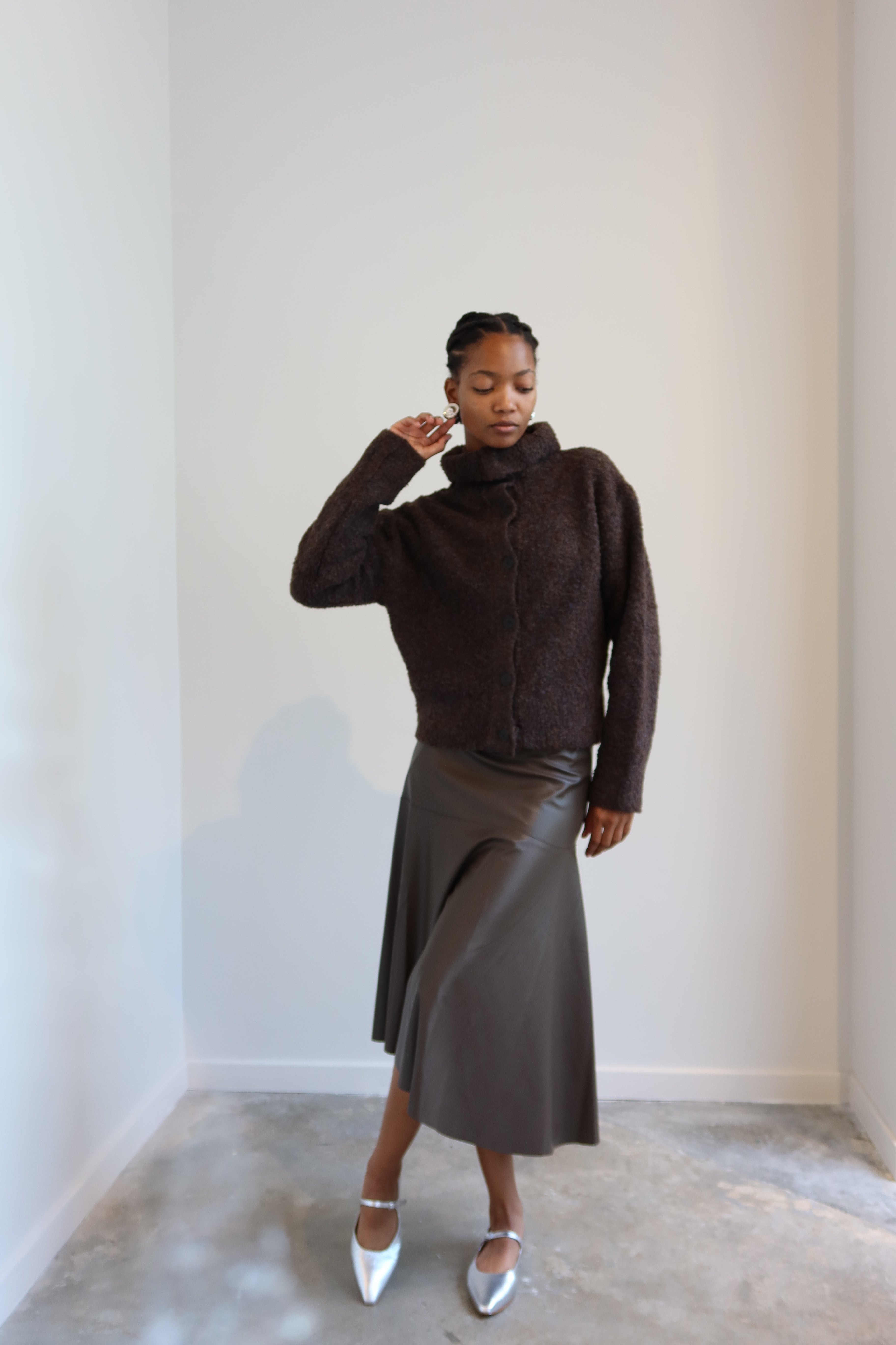 Brown Asymmetrical Vegan Leather Midi Skirt