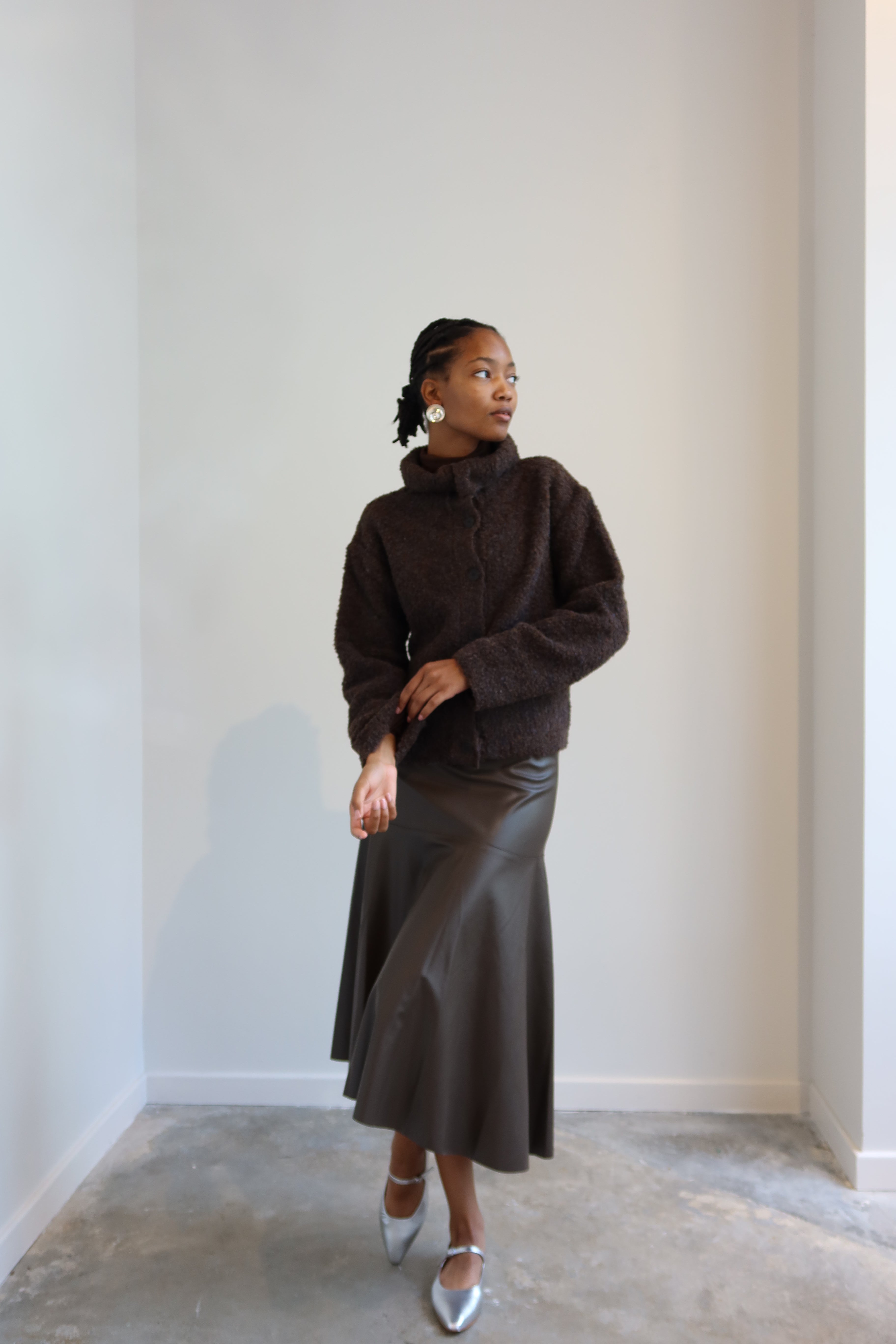 Brown Asymmetrical Vegan Leather Midi Skirt