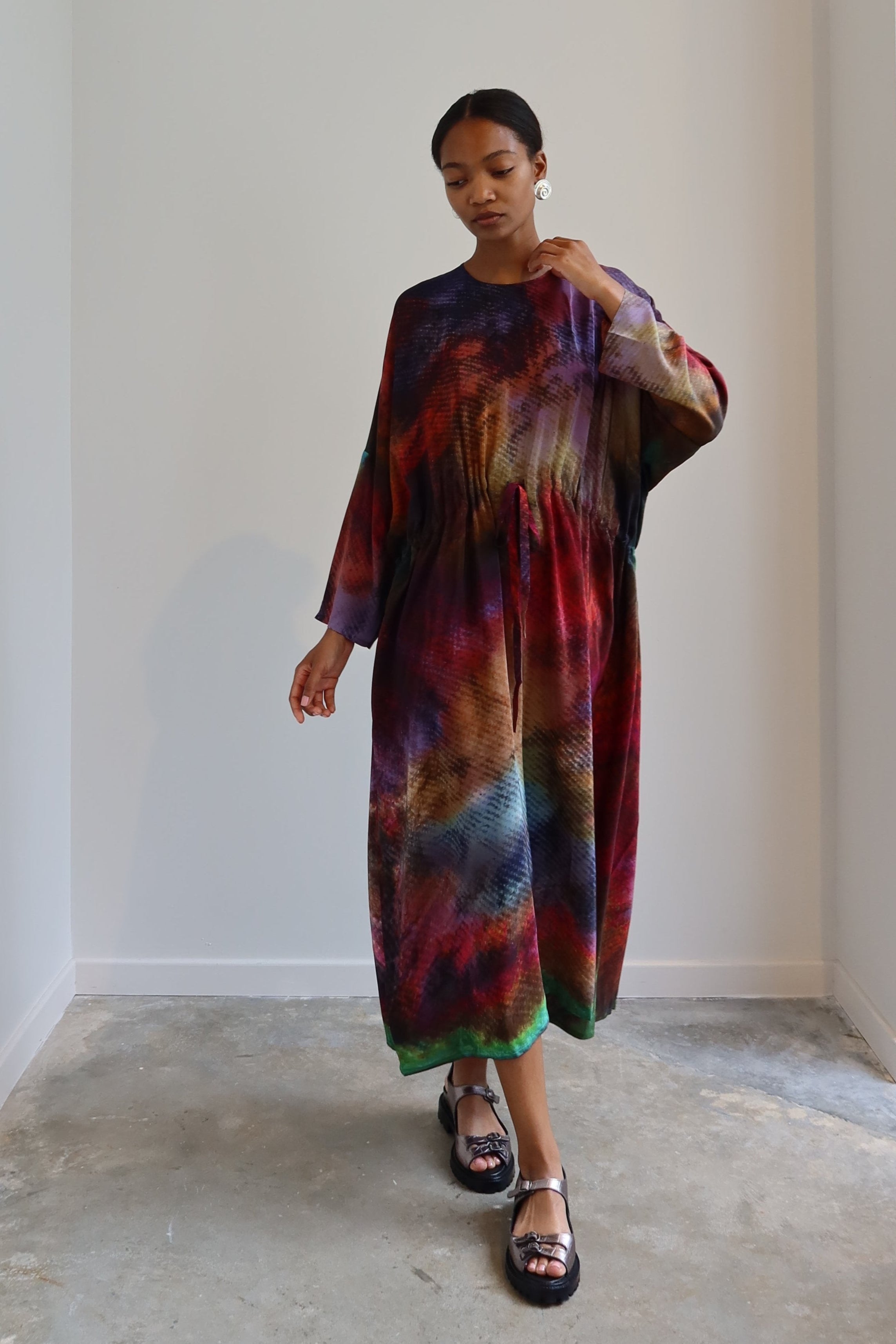 Patterned Organic Silk Long Sleeve Dress