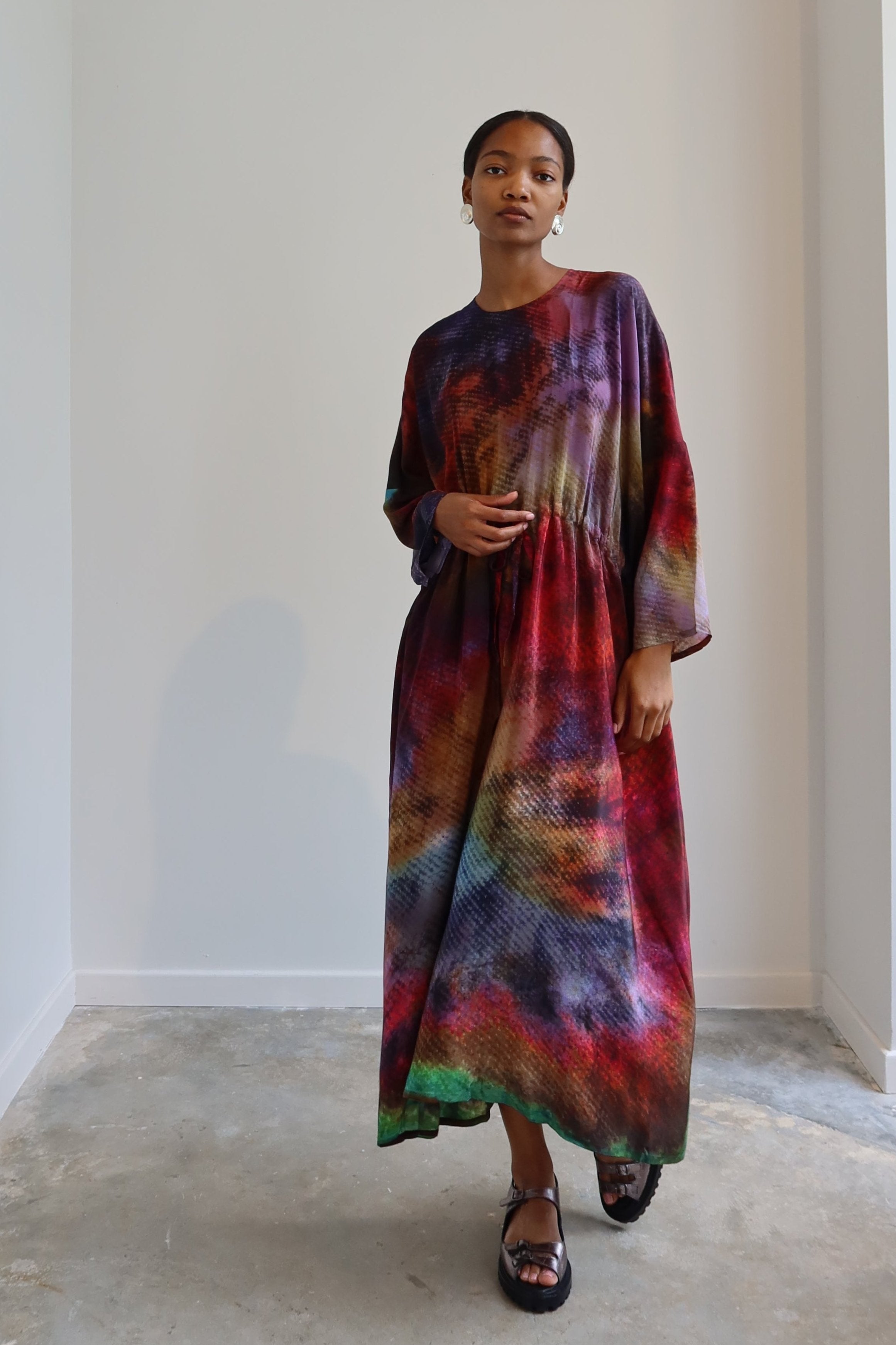 Patterned Organic Silk Long Sleeve Dress