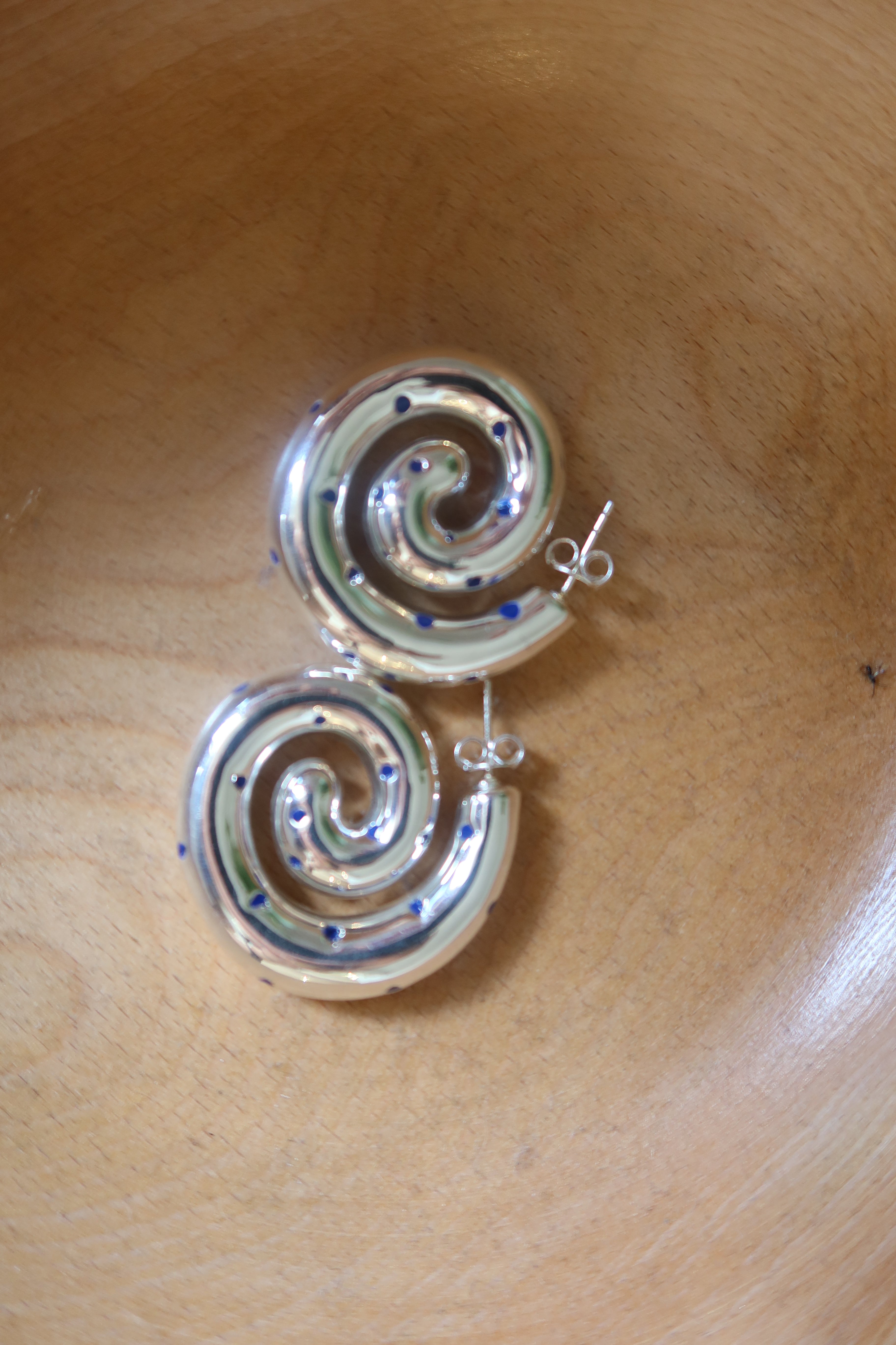 Sterling Silver Puffy Spiral Blue Dot Earrings