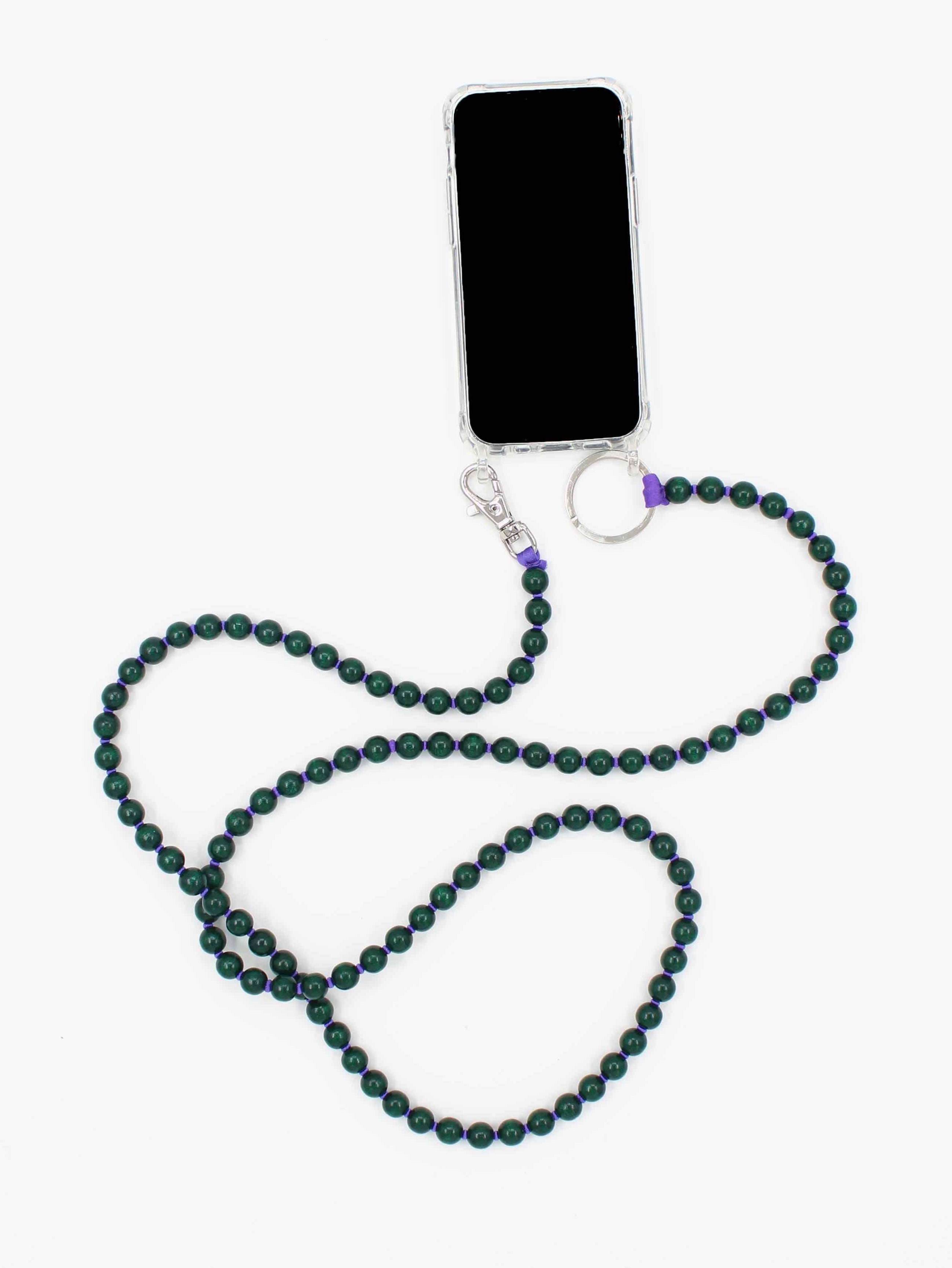 iPhone connected to a handmade phone necklace made with wooden beads finished with a vegan, non-toxic varnish at Alas Eius 