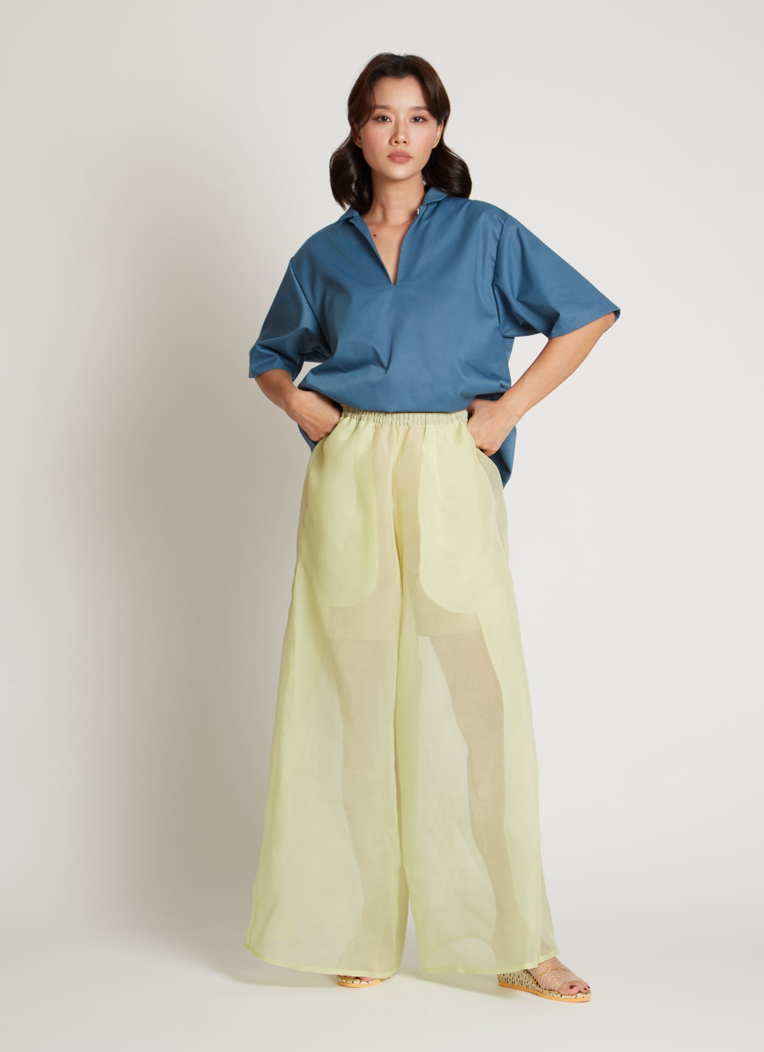 Kaarem SS26 Sheer Green Rice Marble Pleated Silk Organza Pant featuring a wide-leg silhouette, deep side pleats, and finished by a single artisan with a hand-drawn pattern and a delicate blind-hem stitch, featuring an elastic waistband and side pockets for practical ease at Alas EIus.