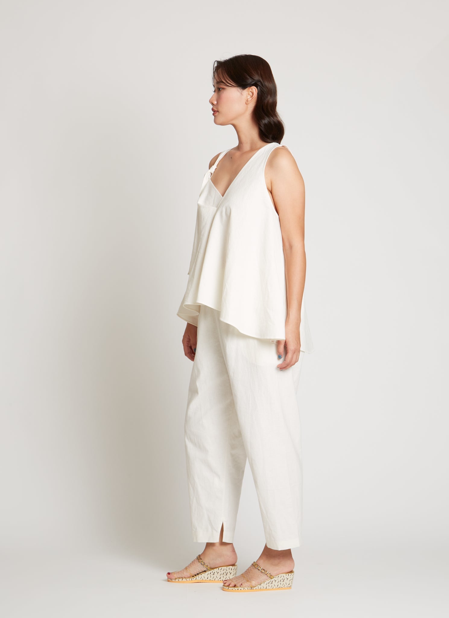 Kaarem SS26 White Carrara Tie-Shoulder Asymmetrical FlowyTop at Alas Eius.