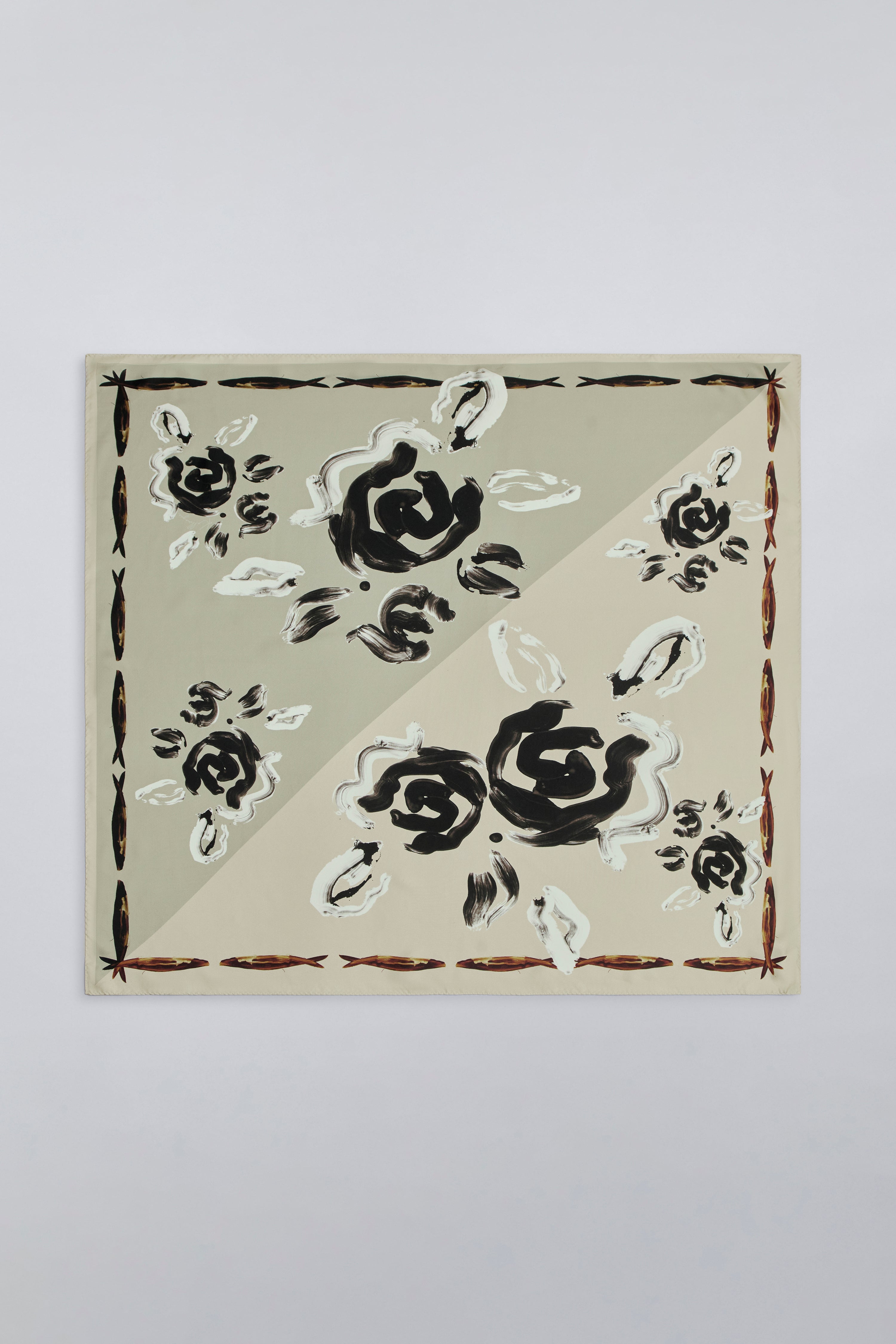 Kallmeyer Anchovy And Rose Silk Twill Small Scarf in a lightweight silk twill with hand-painted floral and fish motif at Alas Eius. 
