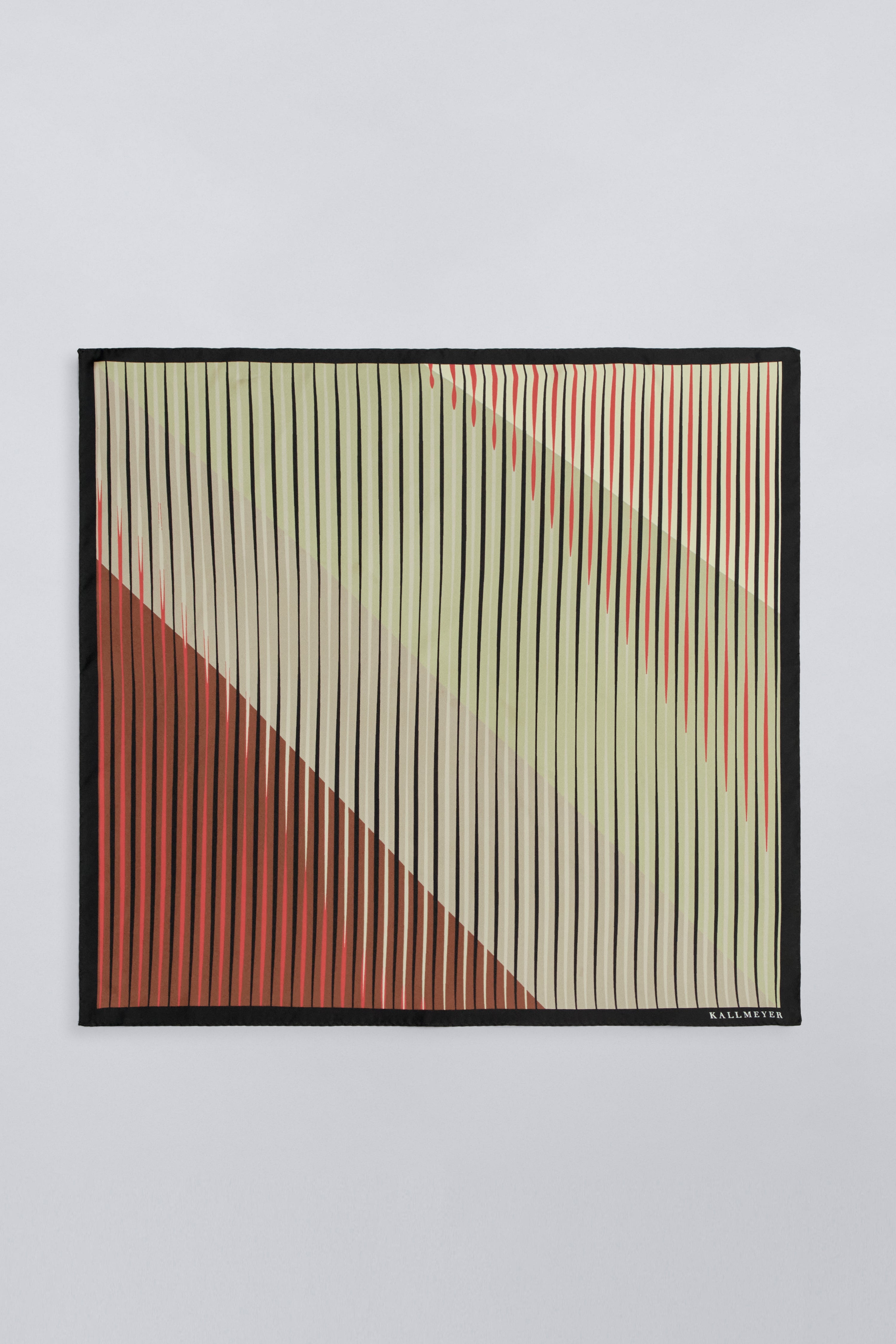 A classic small square Kallmeyer silk twill scarf featuring a gradient stripe with tonal red, grey, green, cream colors at Alas Eius. 