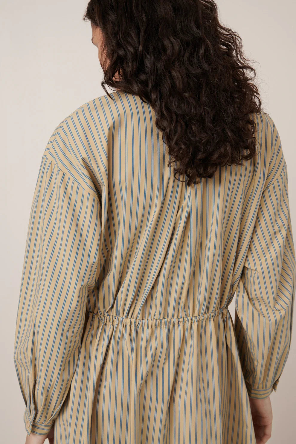 Close-up back view of a woman standing wearing Spring fashion in a Kowtow Array double pinstripe fairtrade organic cotton poplin dress featuring oversized front pockets, a slightly dropped drawcord waist, and fastened with nut buttons down the front at Alas Eius.