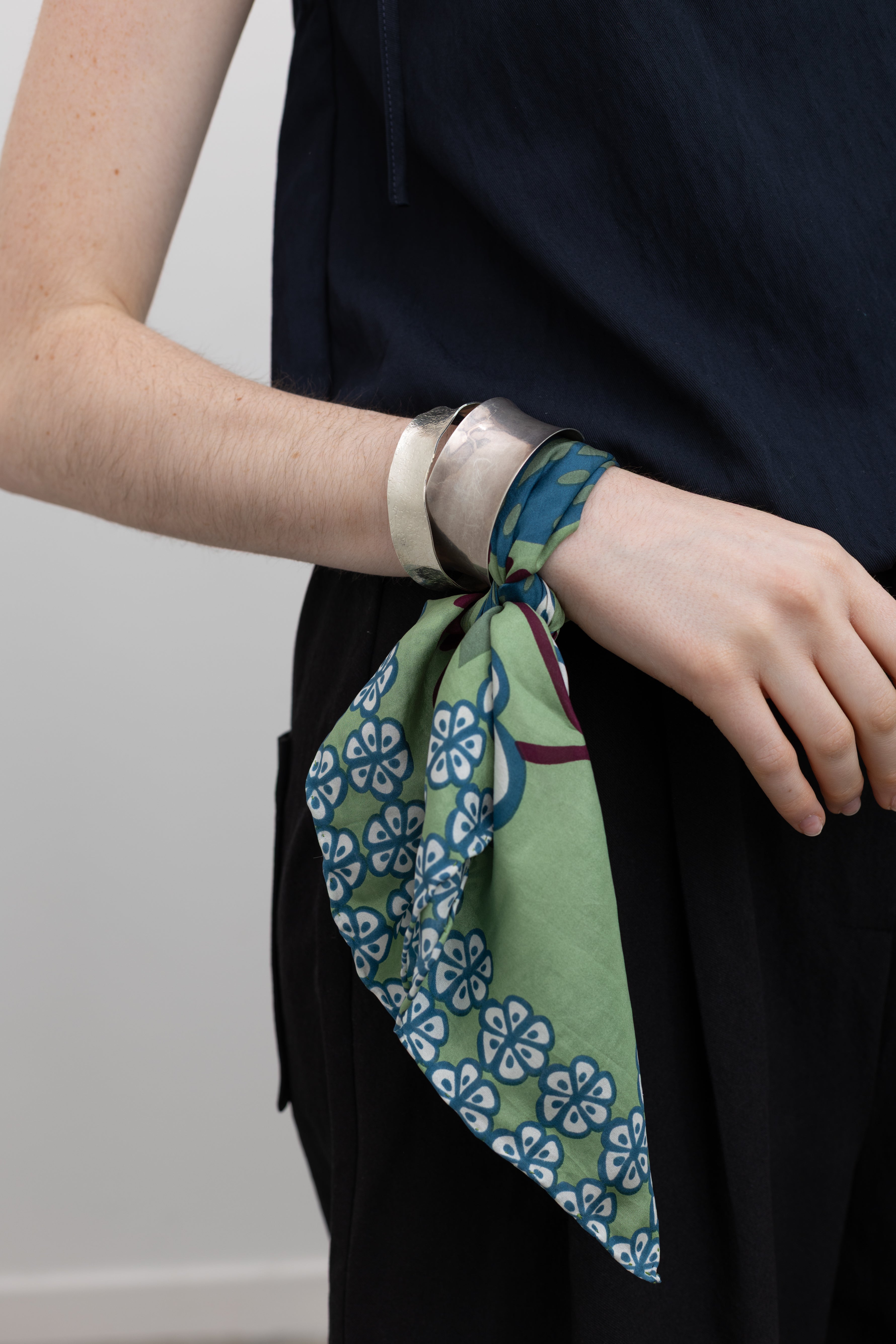 Les Belles Vagabondes Alice women's silk mini scarf styled as a neck scarf and handbag accessory, featuring hand-drawn print and luxury gift box packaging at Alas Eius.