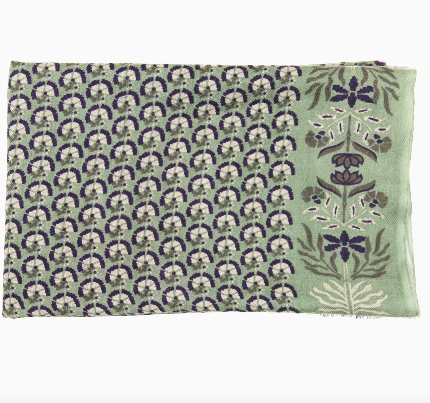 Close-up product view of hand drawn Les Belles Vagabondes brand Marigold green wool floral print scarf at Alas Eius.